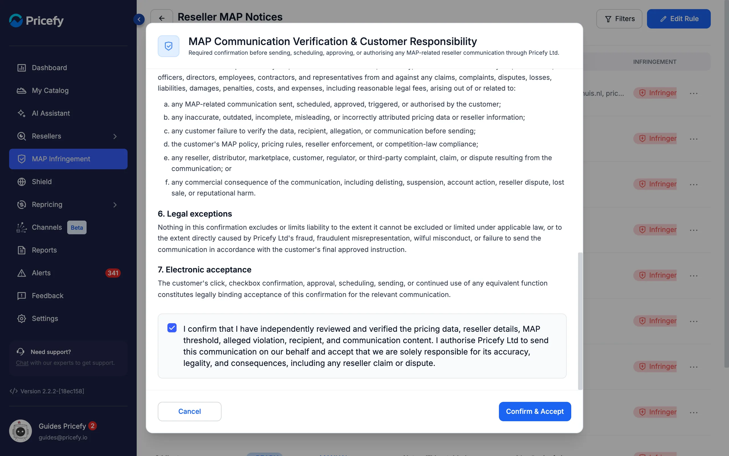 MAP Communication Verification and Customer Responsibility confirmation before sending