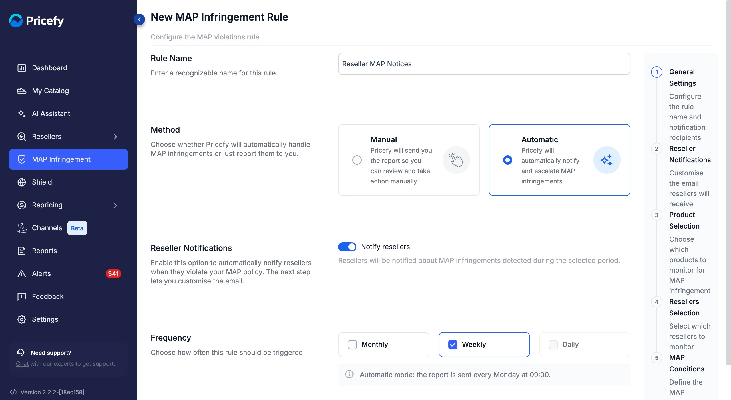 MAP rule Method set to Automatic with Weekly frequency and the scheduling hint