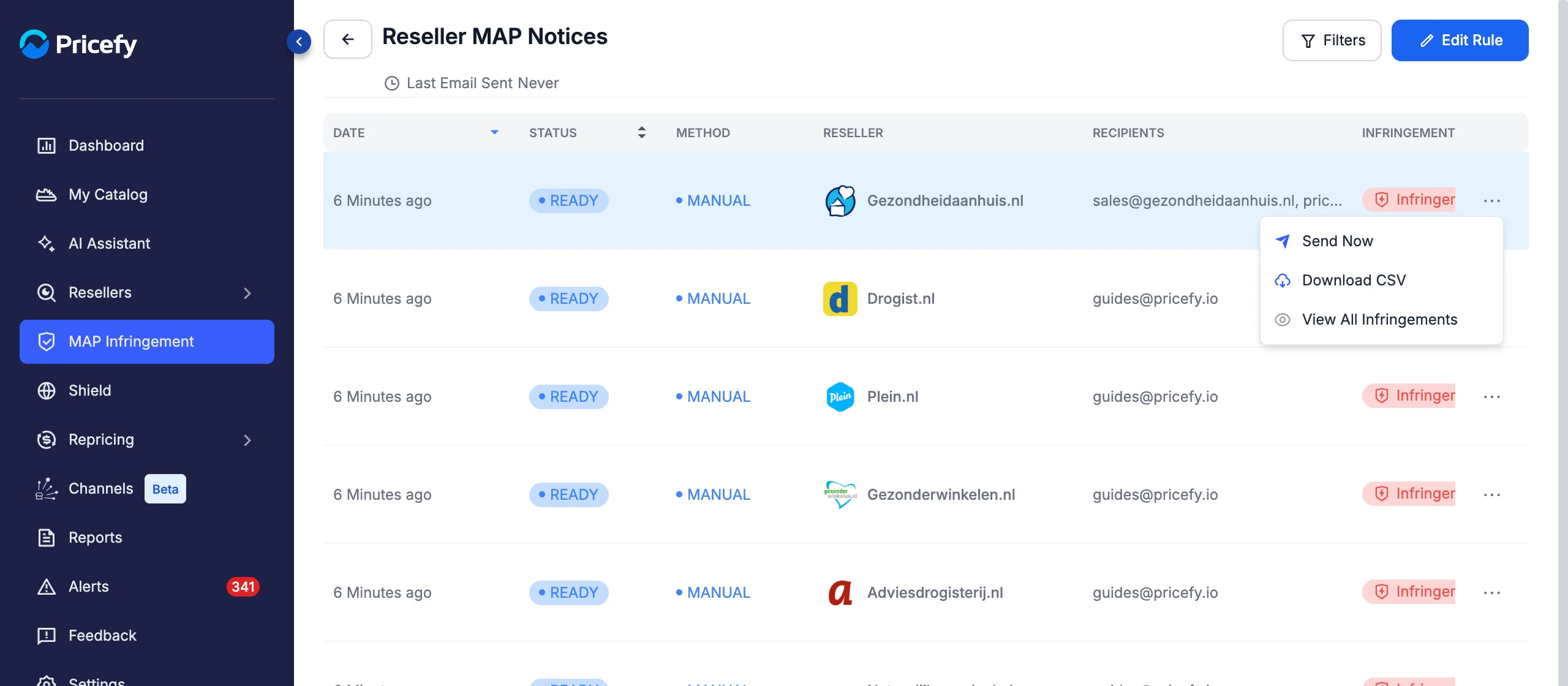 Notification row menu with Send Now, Download CSV and View All Infringements