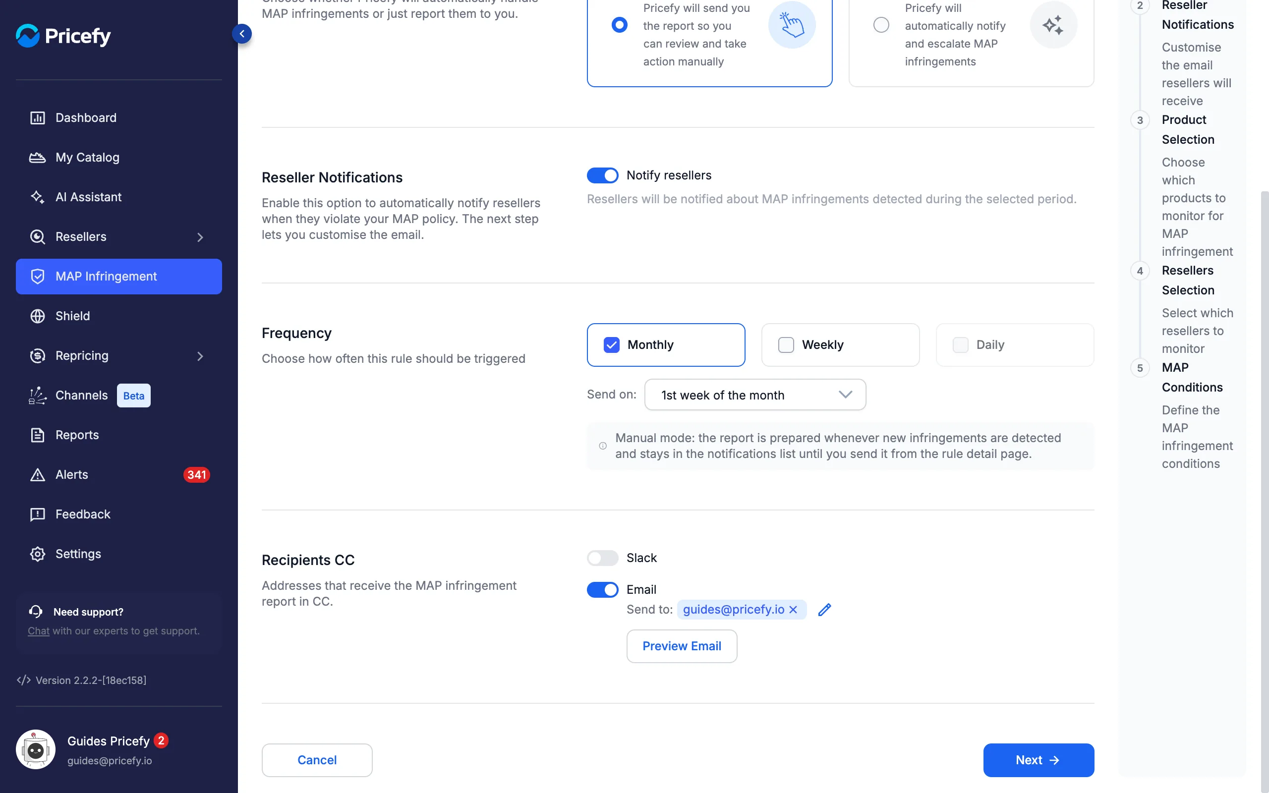 Recipients CC section of a MAP rule with the Preview Email button