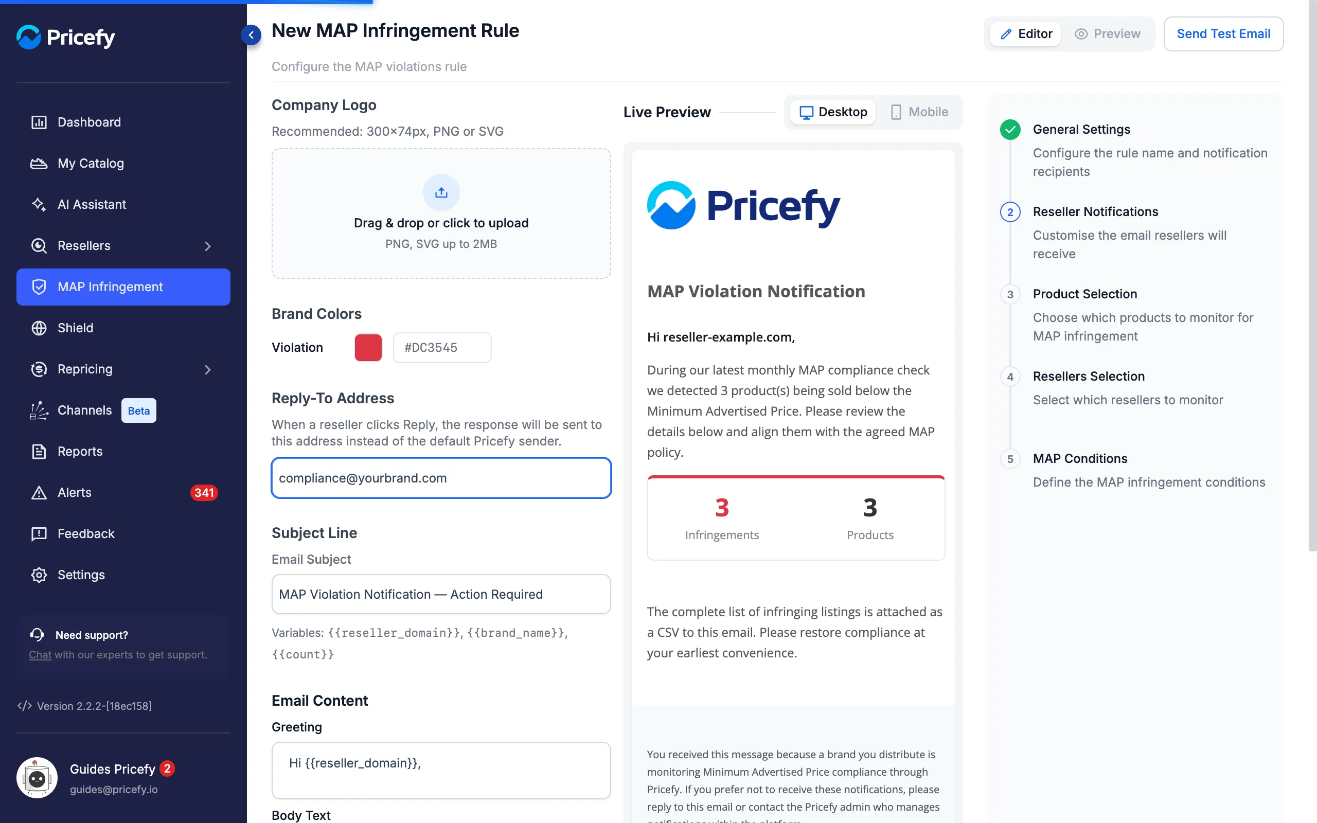 Reseller Notifications step to customise the MAP violation email with live preview