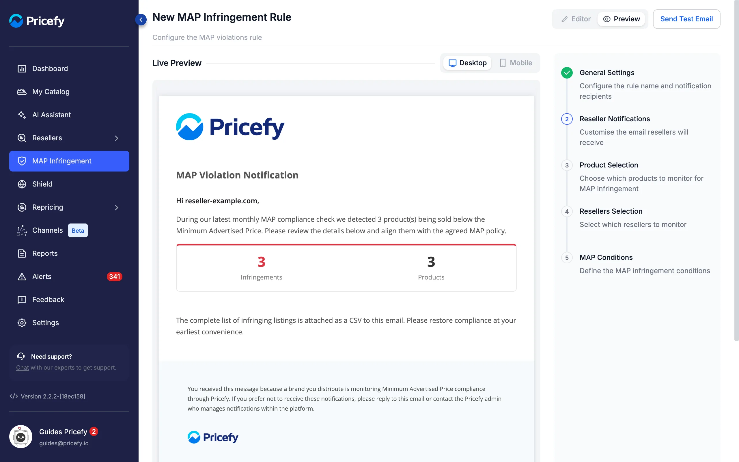 Full-width preview of the MAP violation notification email sent to resellers