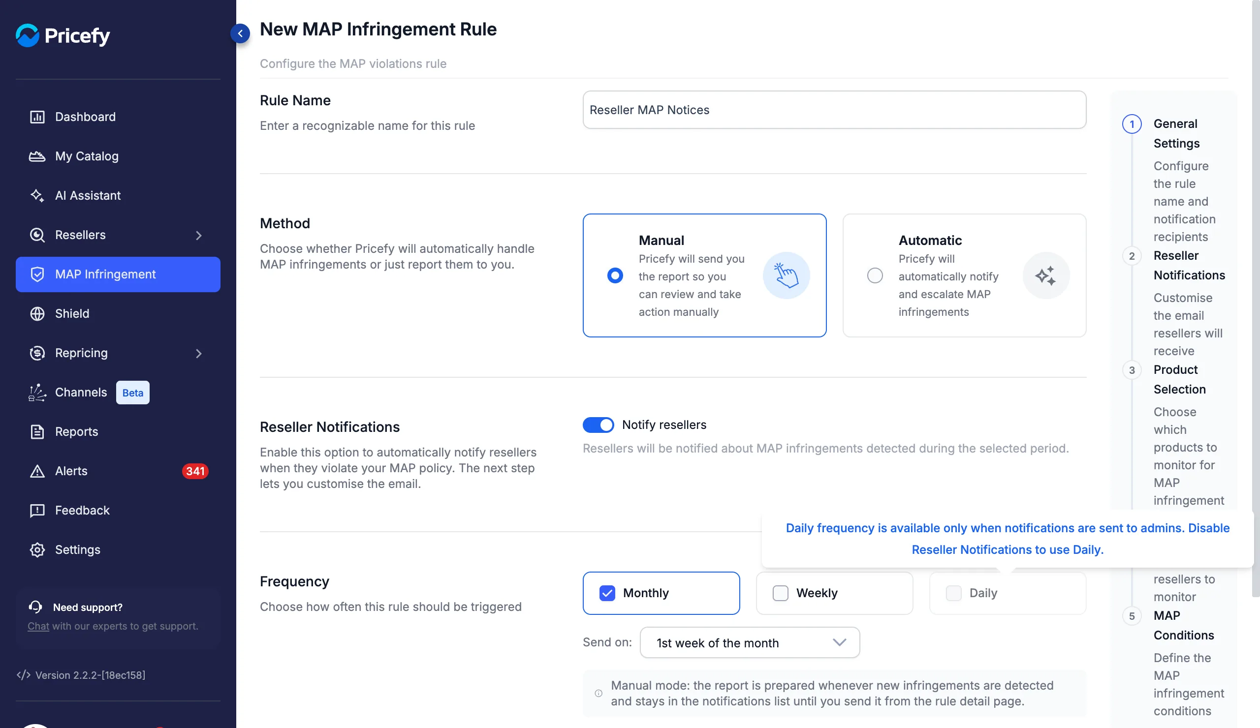 Reseller Notifications toggle switched on in a new MAP rule, with Daily frequency disabled
