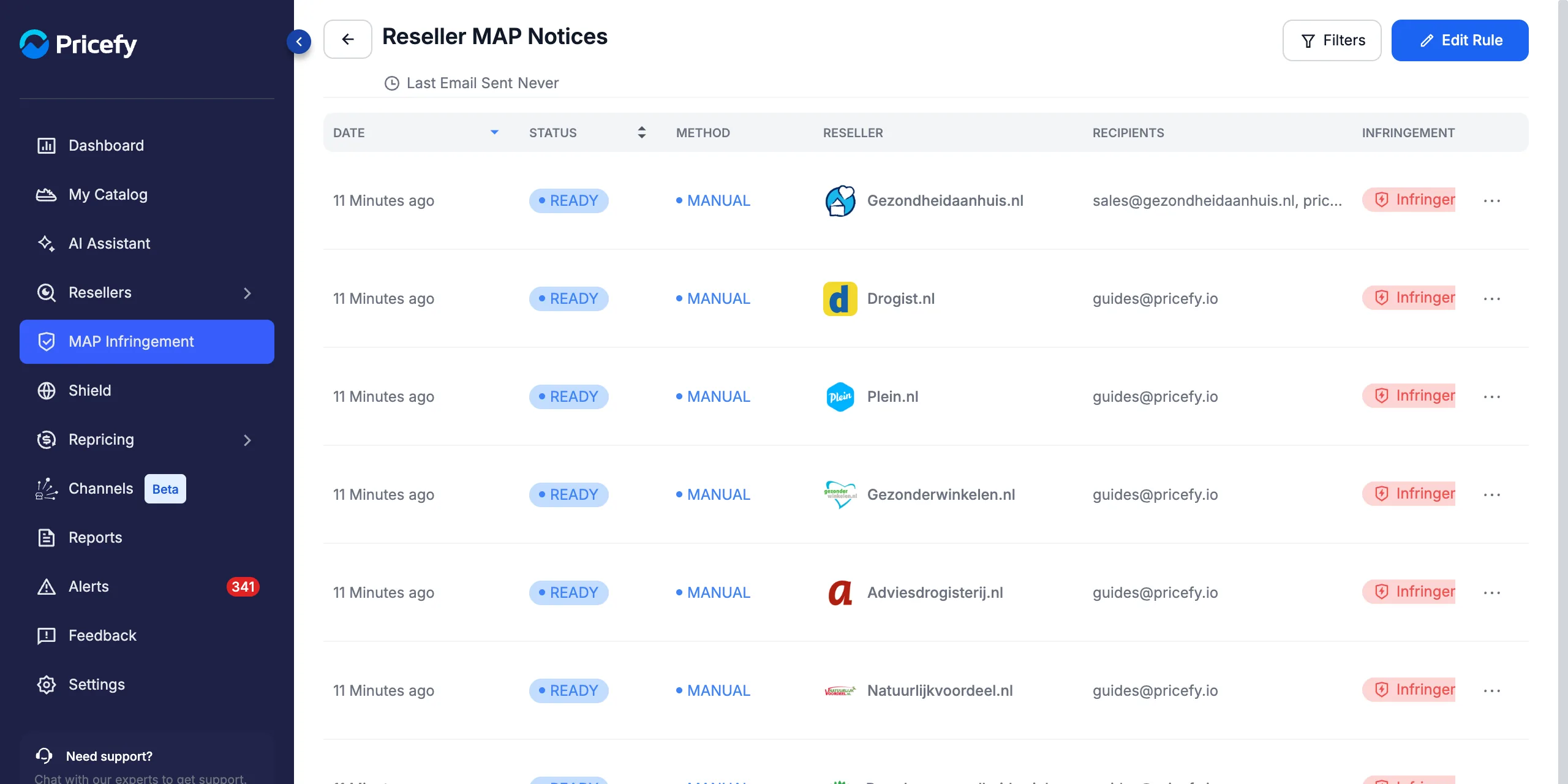 MAP rule page listing READY reseller notifications with recipients and infringements