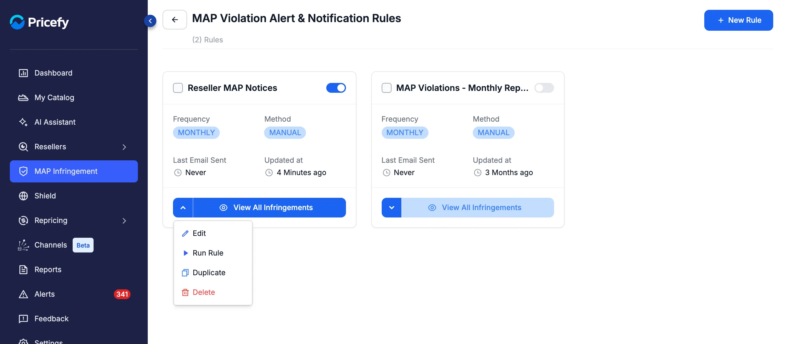 MAP rule card menu with Edit, Run Rule, Duplicate and Delete