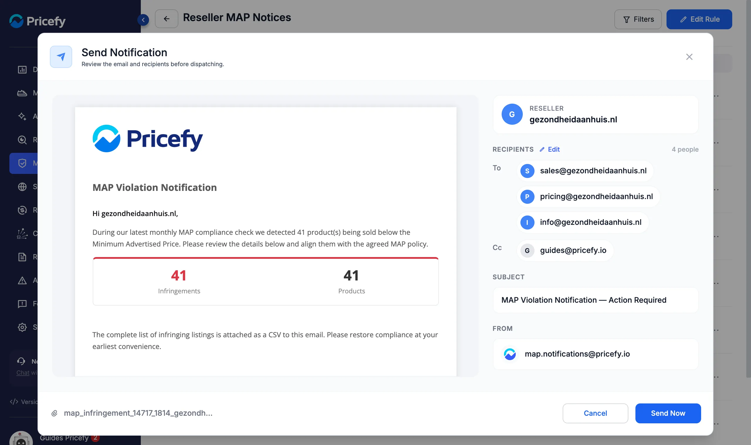 Send Notification window to review the MAP violation email, recipients, subject and CSV before sending