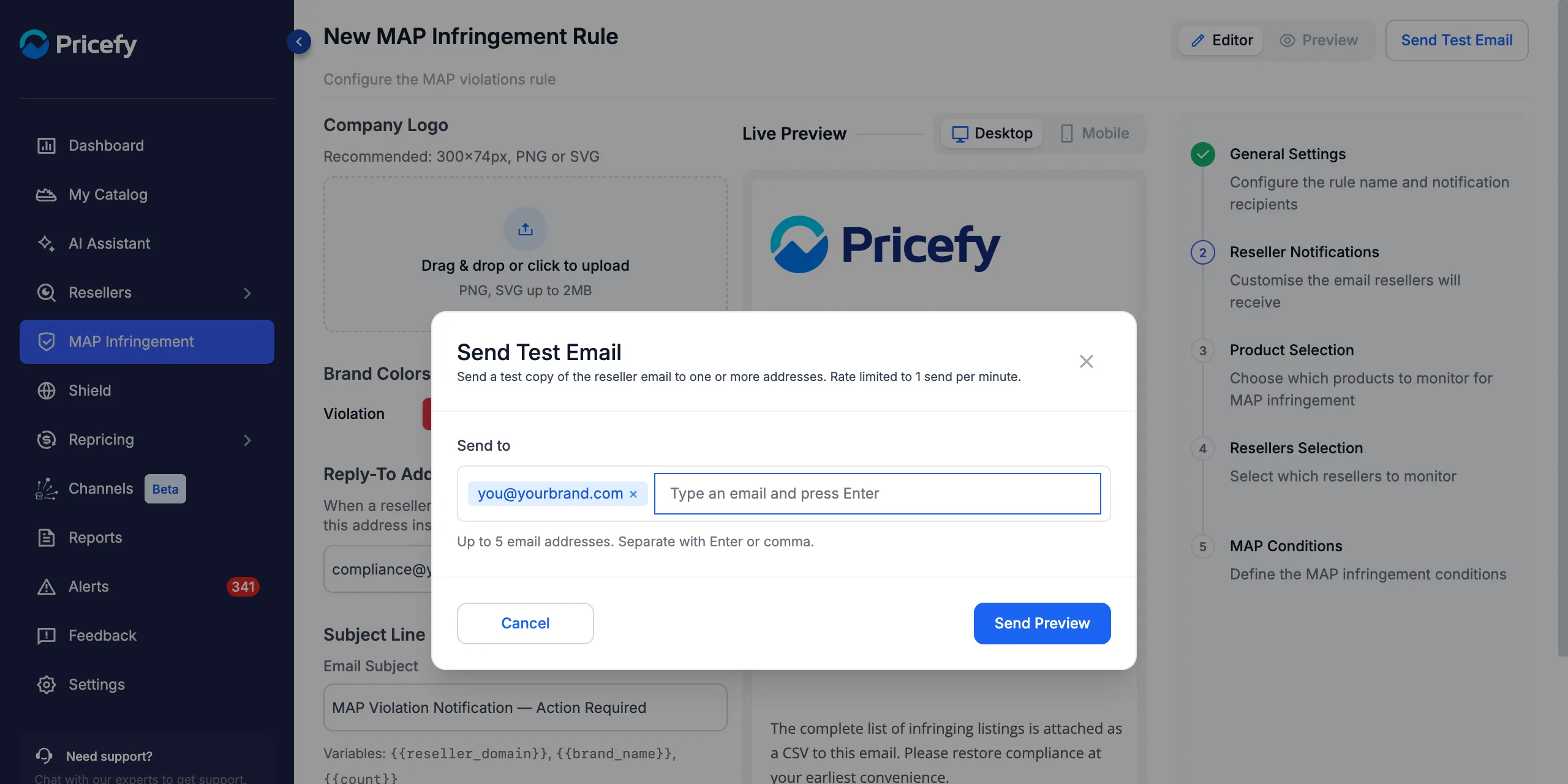 Send Test Email dialog for the reseller MAP violation email