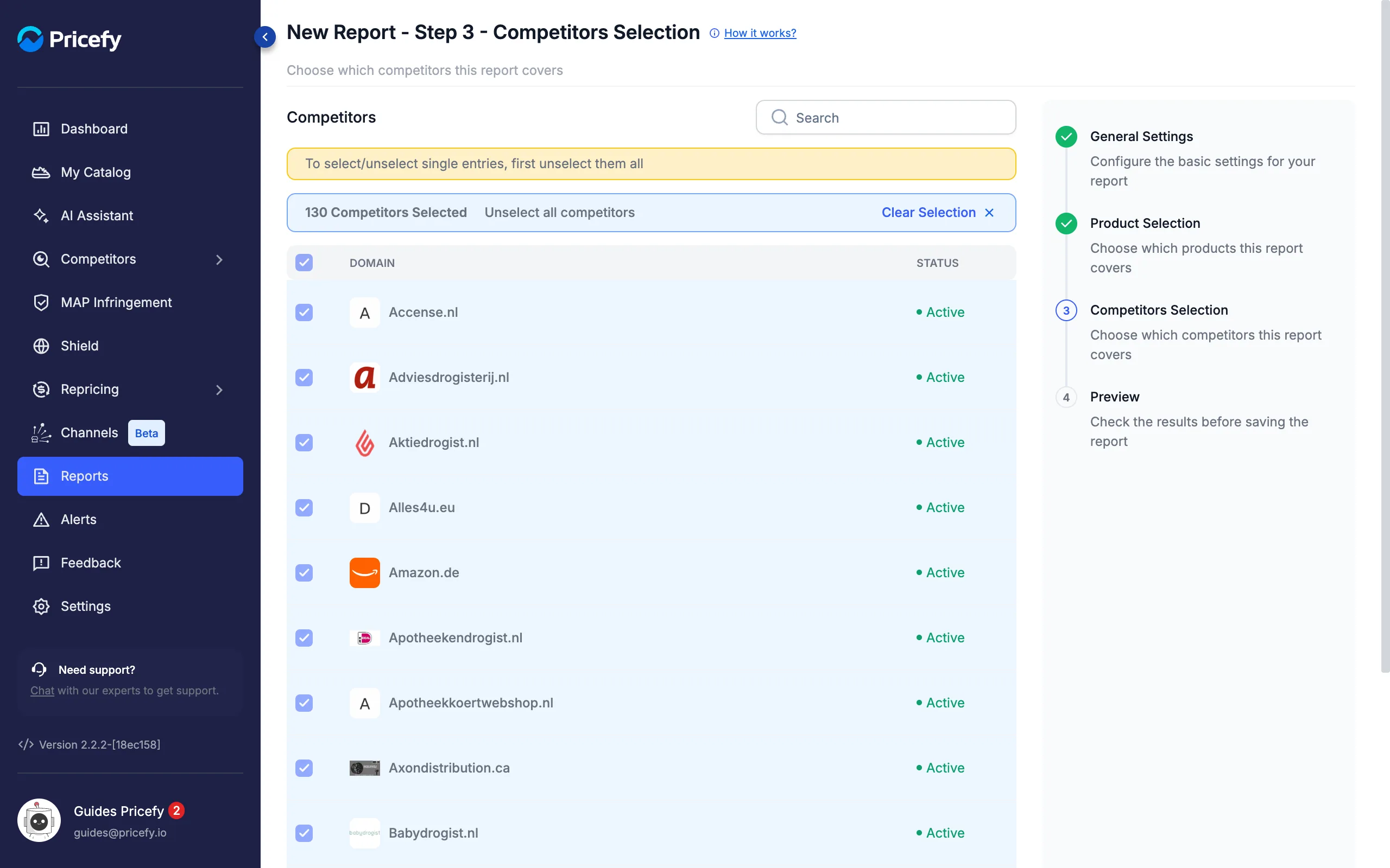 Step 3 Competitors Selection of the report builder