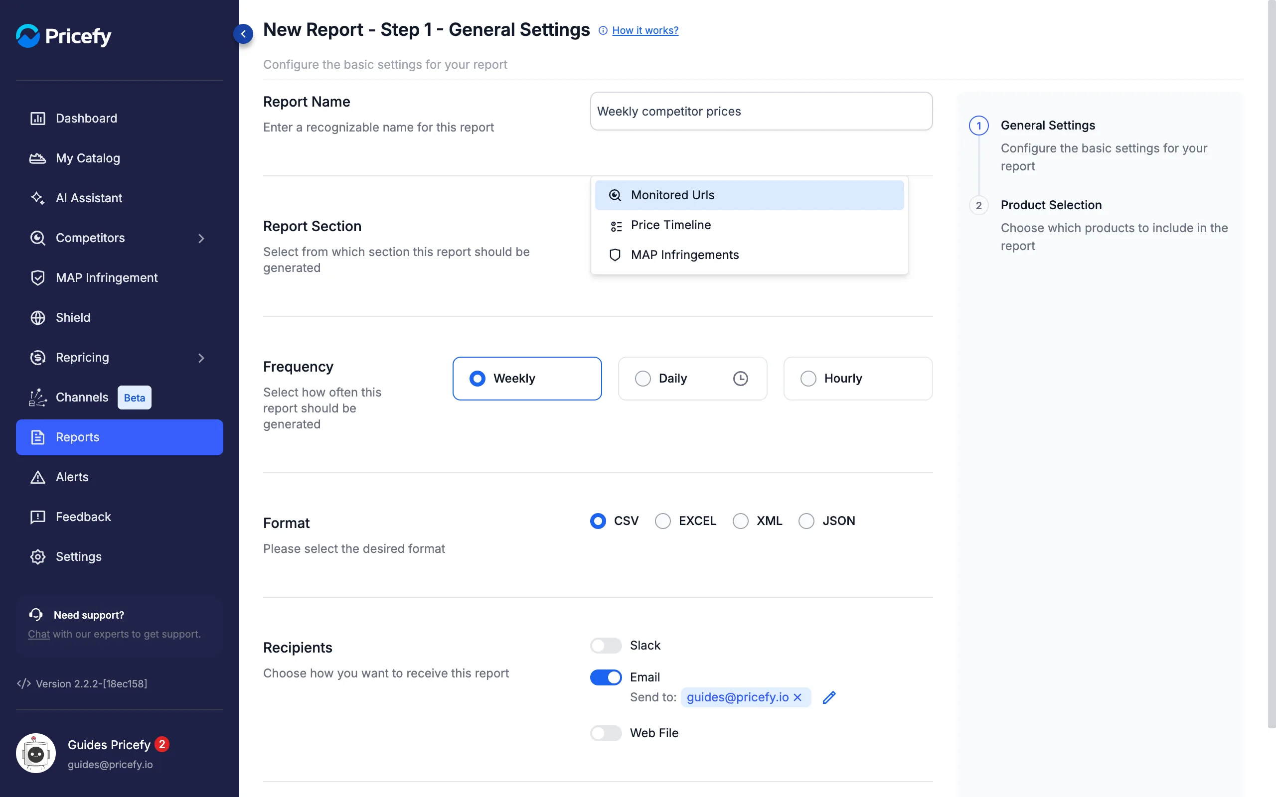 Custom report Report Section options: Monitored Urls, Price Timeline and MAP Infringements