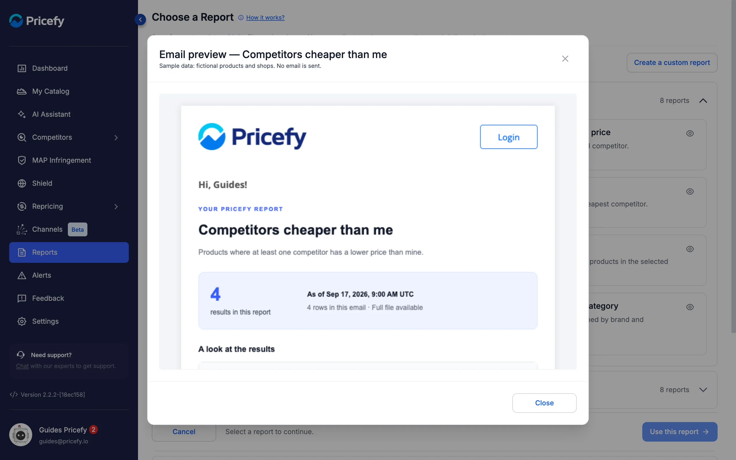 Example email of the Competitors cheaper than me report template with sample data