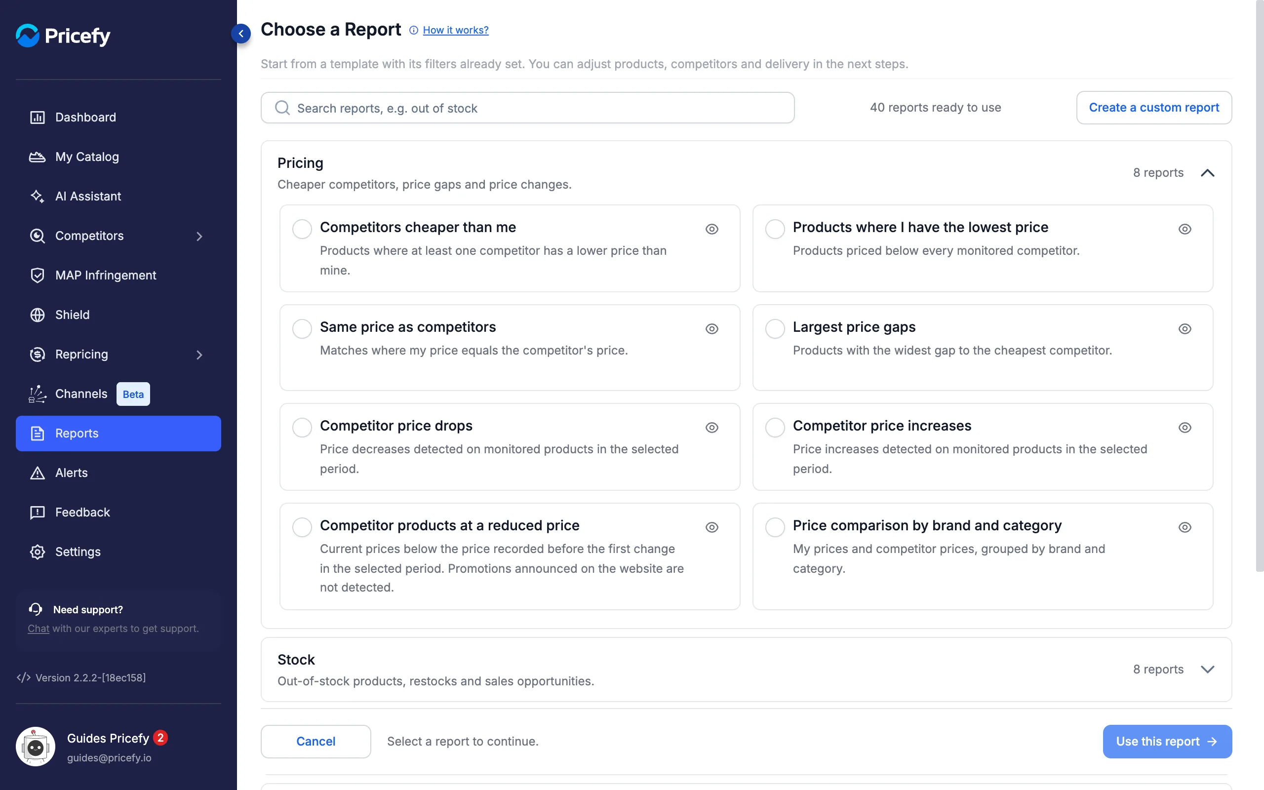 Choose a Report gallery in Pricefy with 40 ready-made report templates grouped by topic