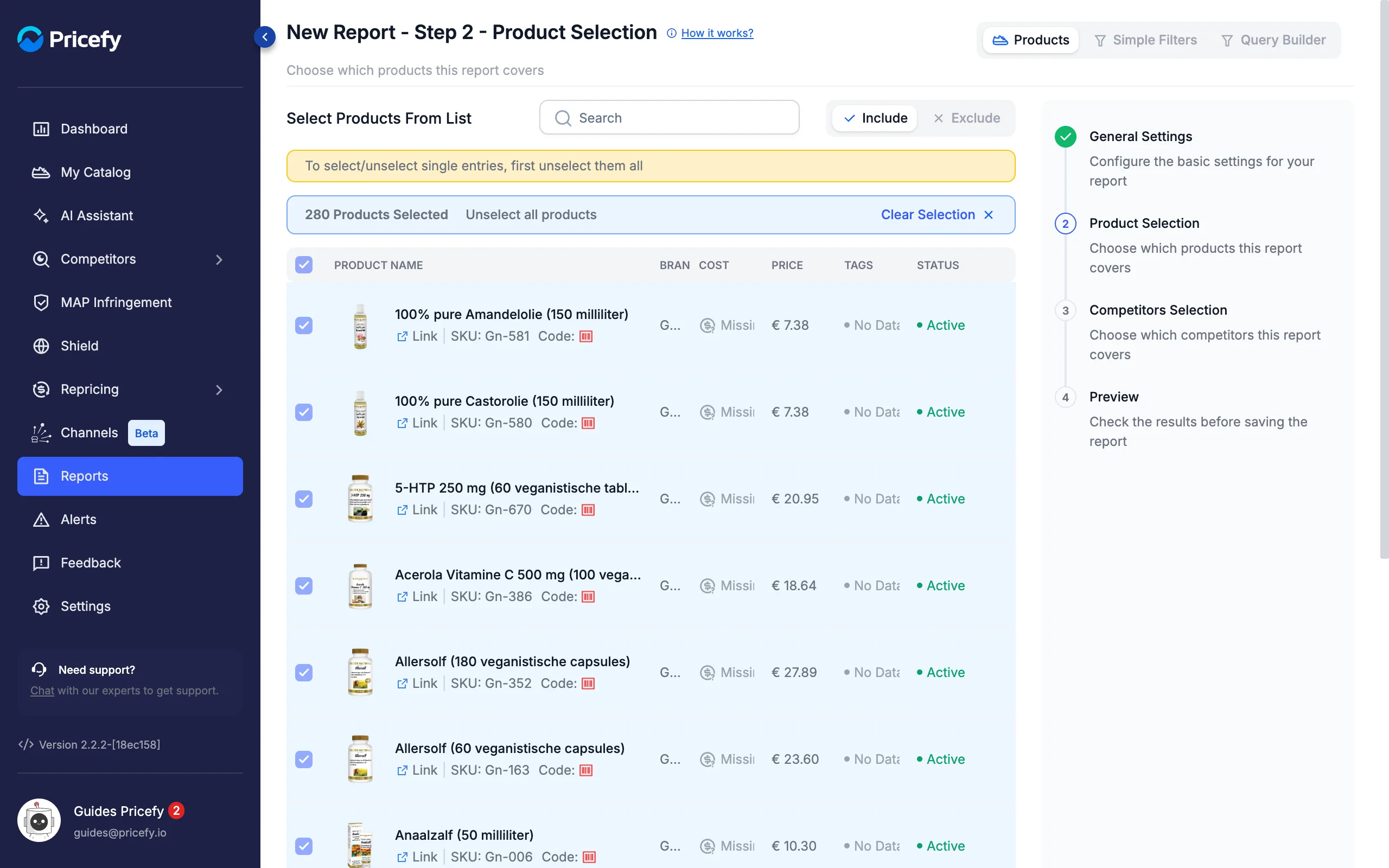 Step 2 Product Selection of the report builder with filters and include or exclude