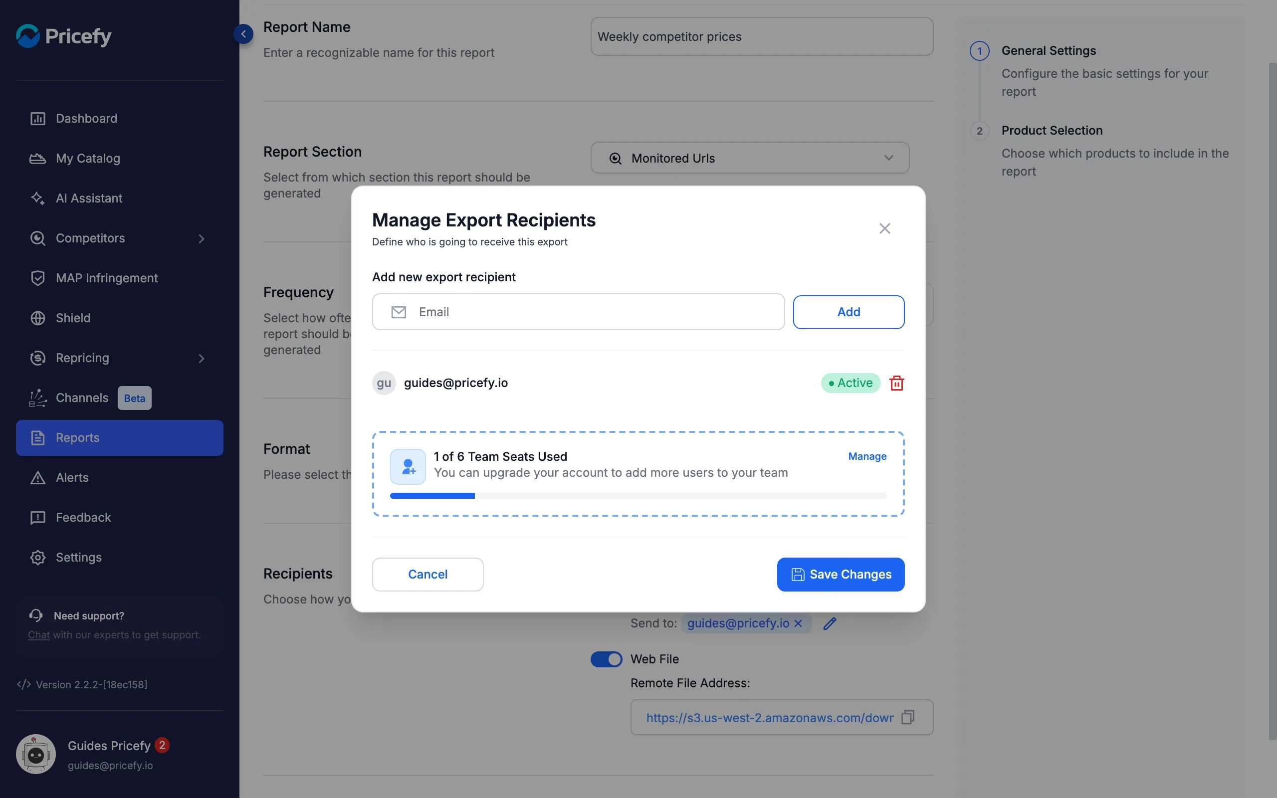 Manage Export Recipients window to add or remove report email recipients