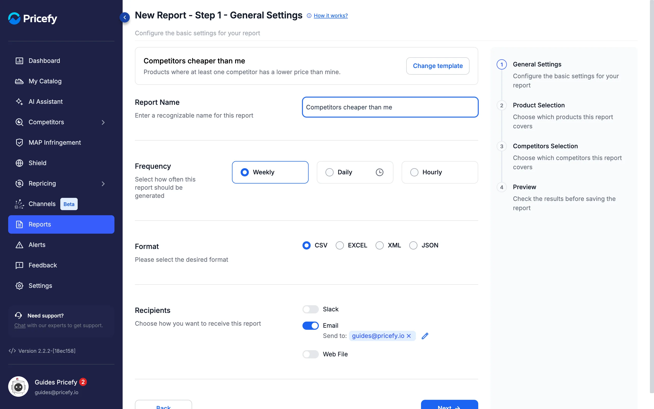Step 1 General Settings of a report created from a template: name, frequency, format and recipients