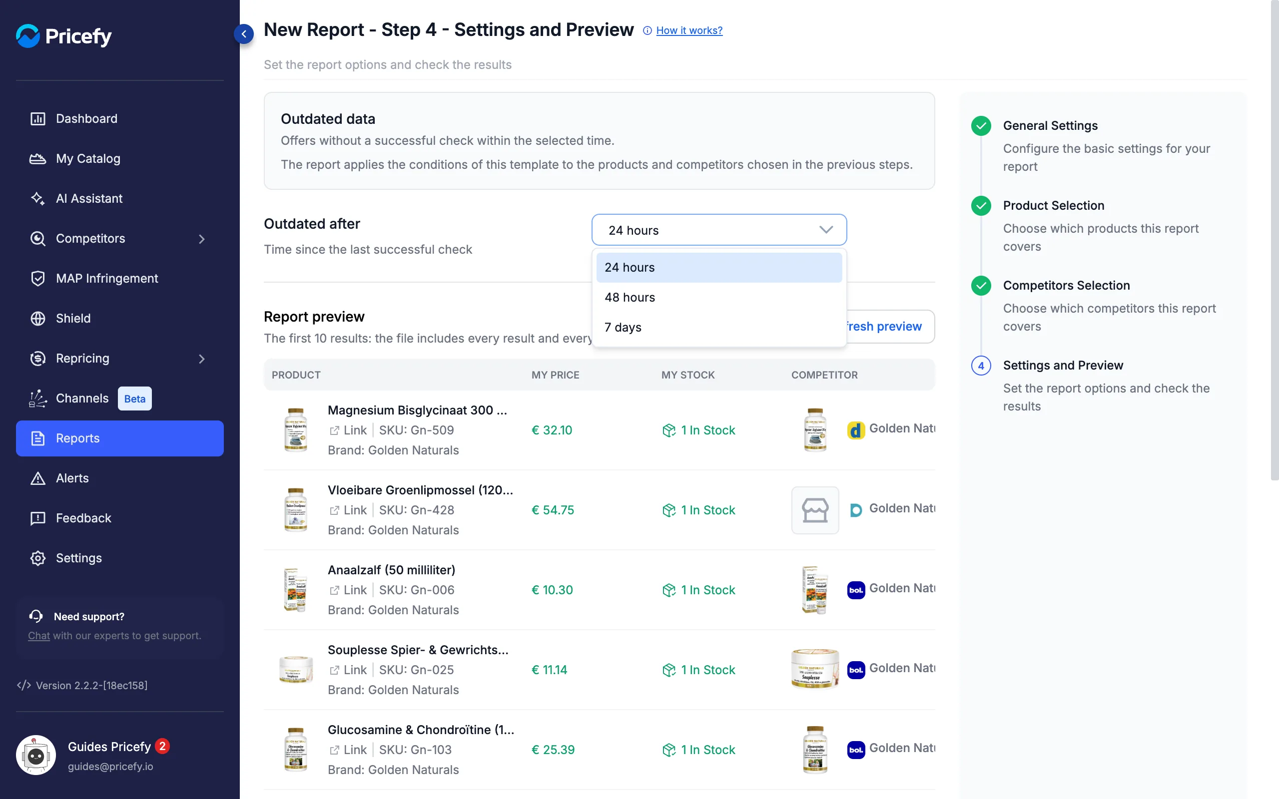 Outdated data report template with the Outdated after options: 24 hours, 48 hours, 7 days