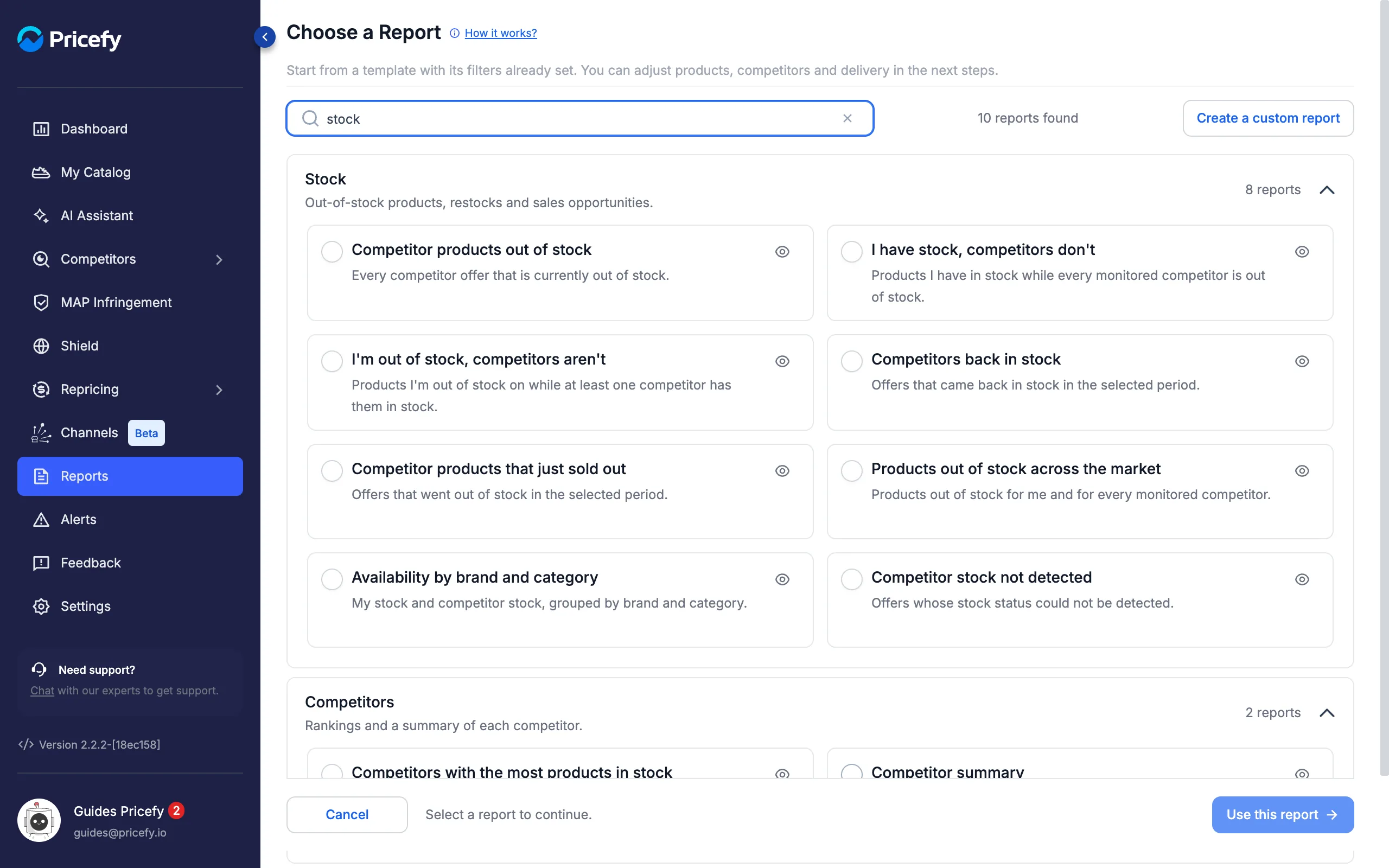 Searching report templates for stock in the Pricefy report gallery