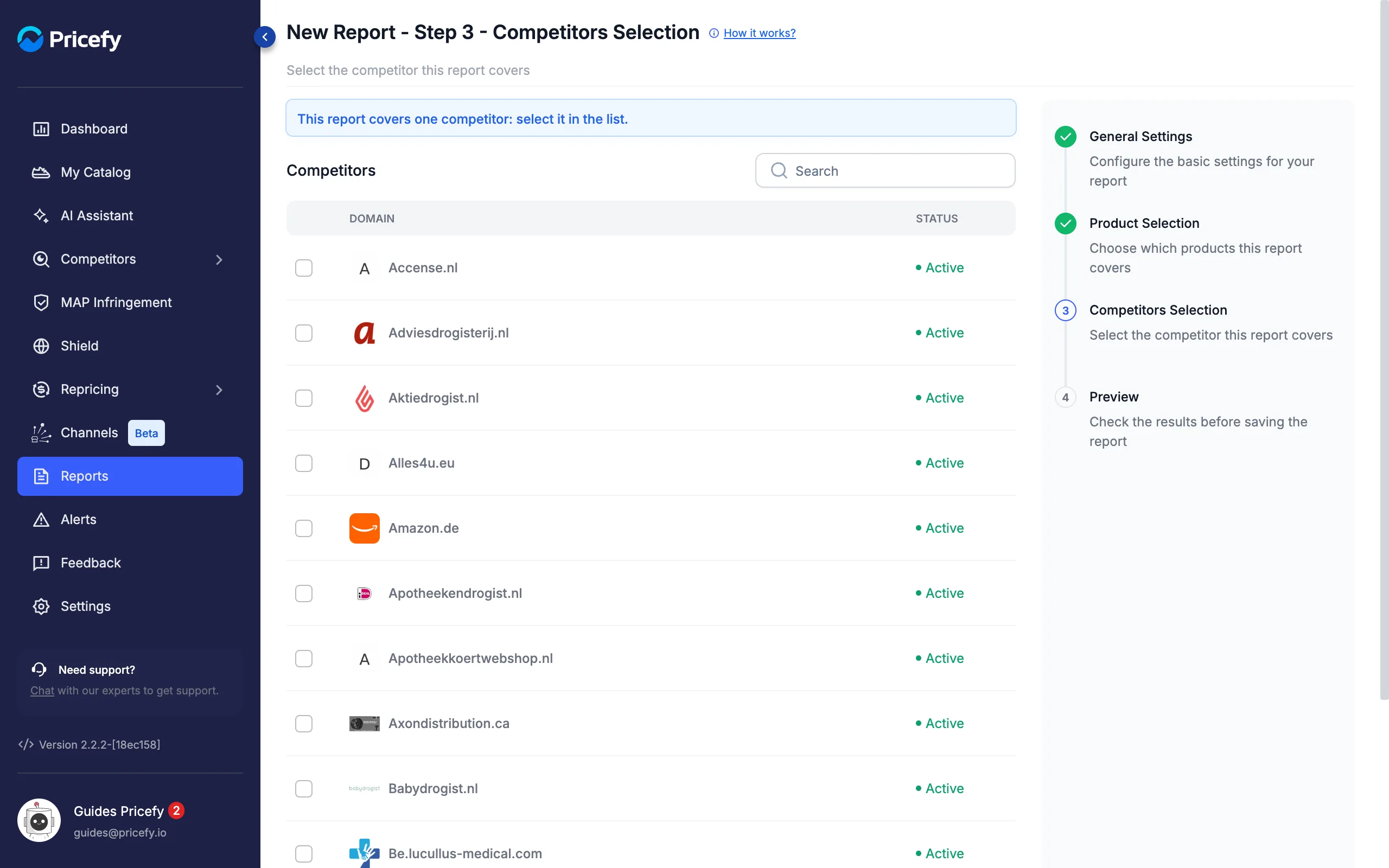 Competitor summary report template asking to select one competitor