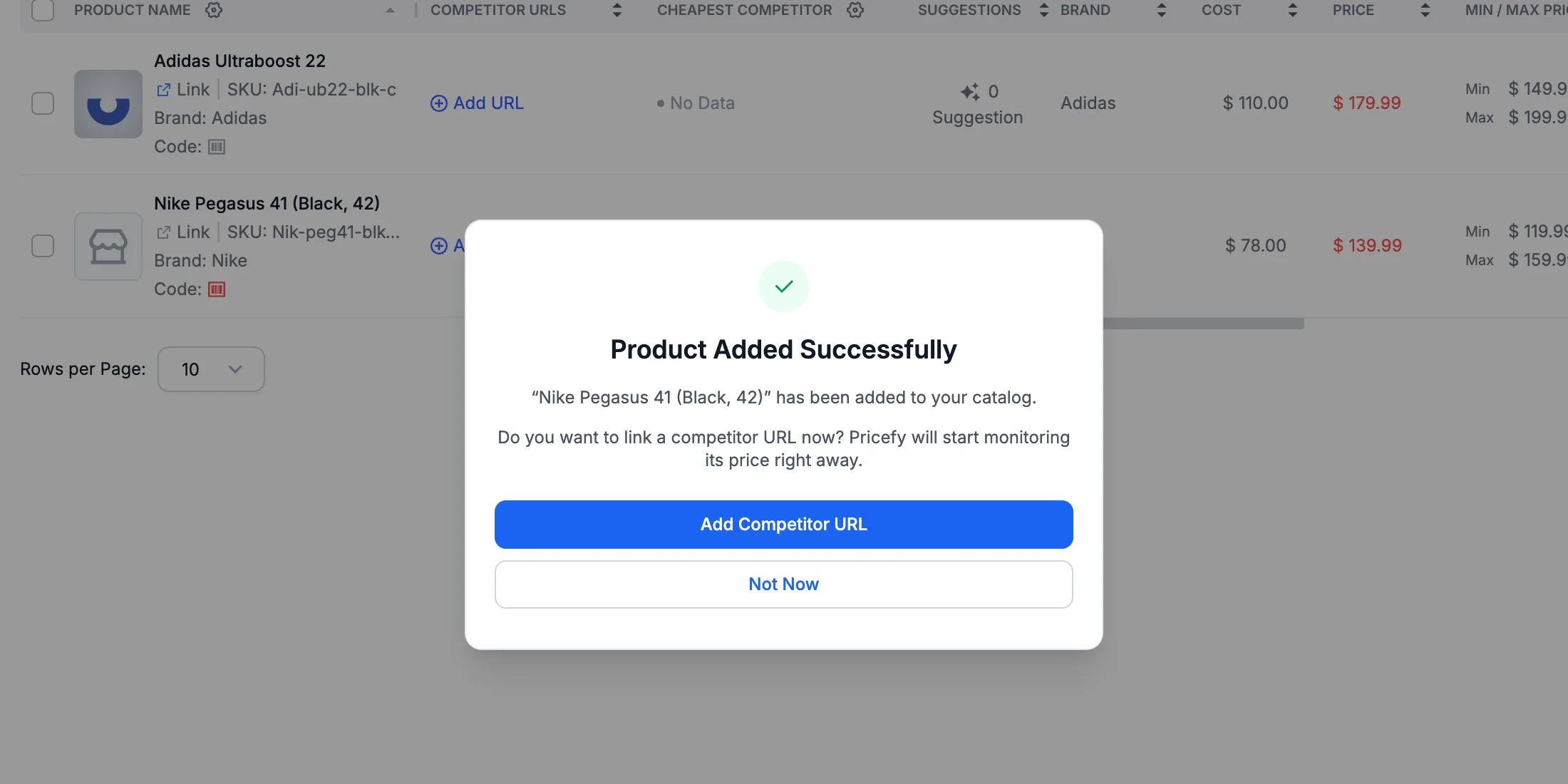 The Product Added Successfully dialog offering to add a competitor URL right away.