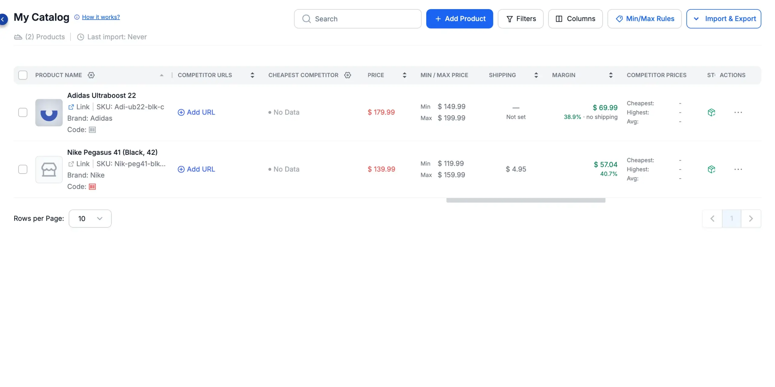 A manually added product listed in My Catalog with its price, Min/Max limits, shipping cost and margin.