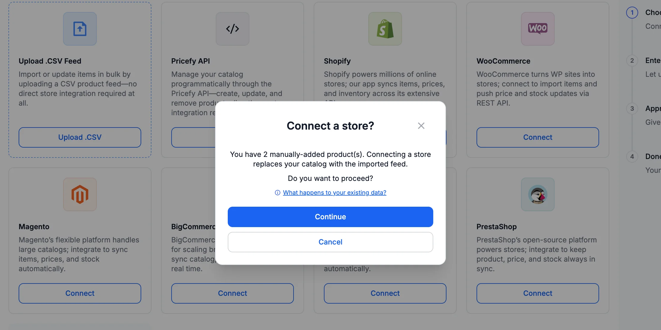 The Connect a store? warning explaining that connecting a store replaces manually added products.