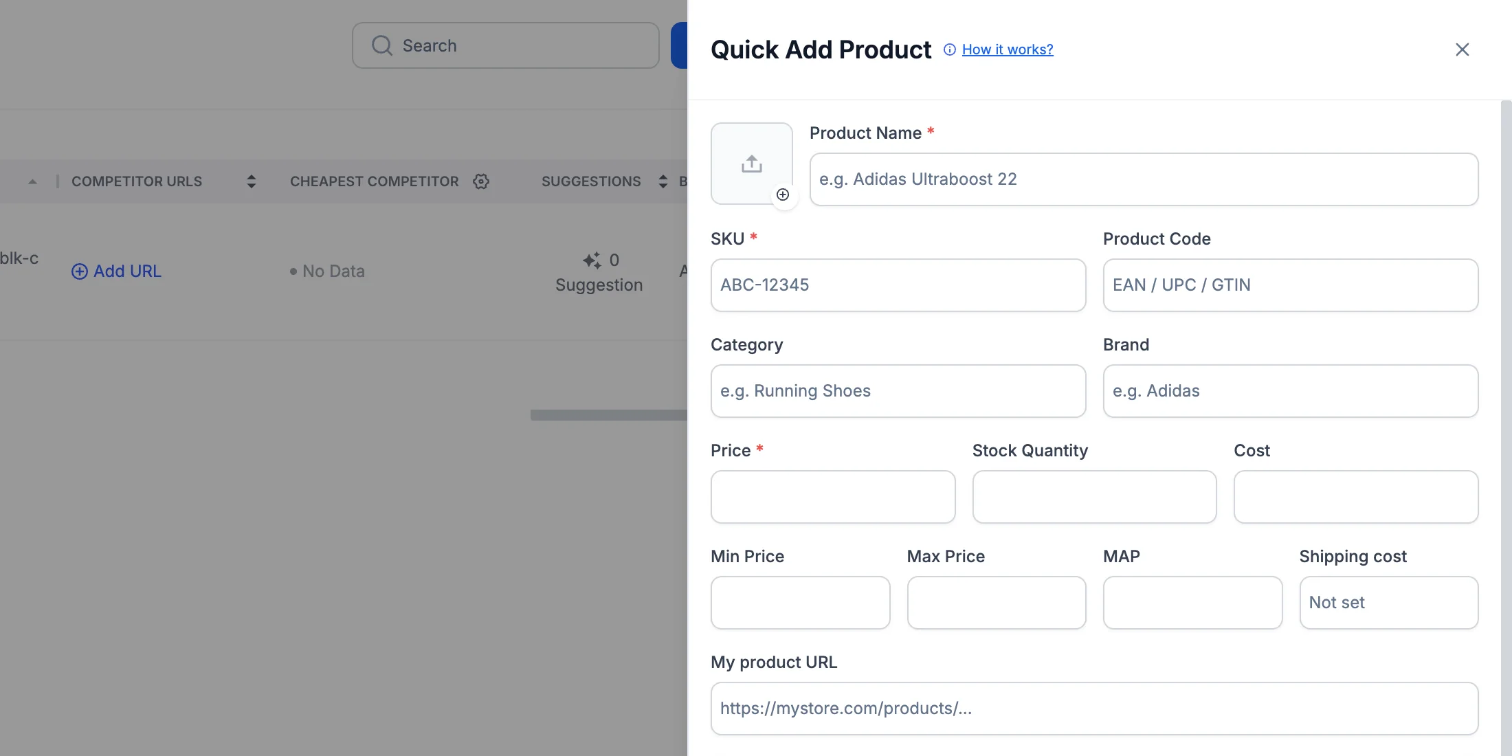 The empty Quick Add Product form, with fields for name, SKU, price, cost, price limits and shipping cost.