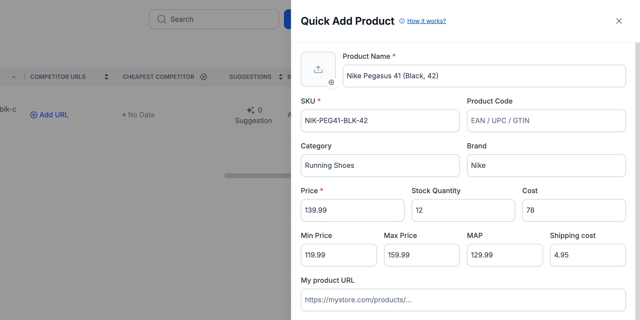 The Quick Add Product form filled in, including cost, Min and Max price, MAP and shipping cost.