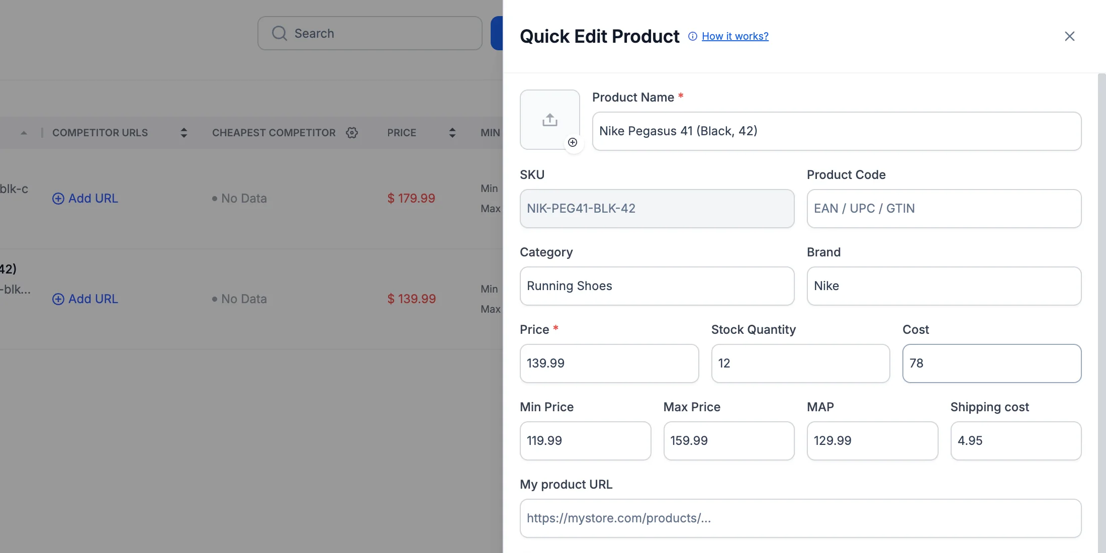The Quick Edit Product form with the SKU locked and all other product details editable.