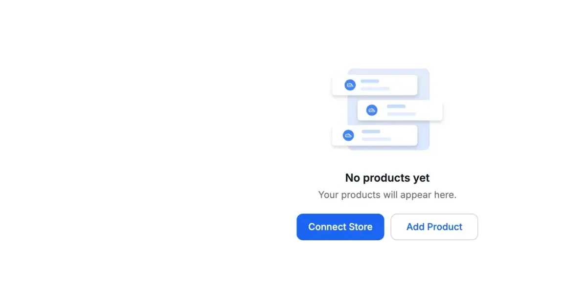 My Catalog with no products yet, offering Connect Store or Add Product.