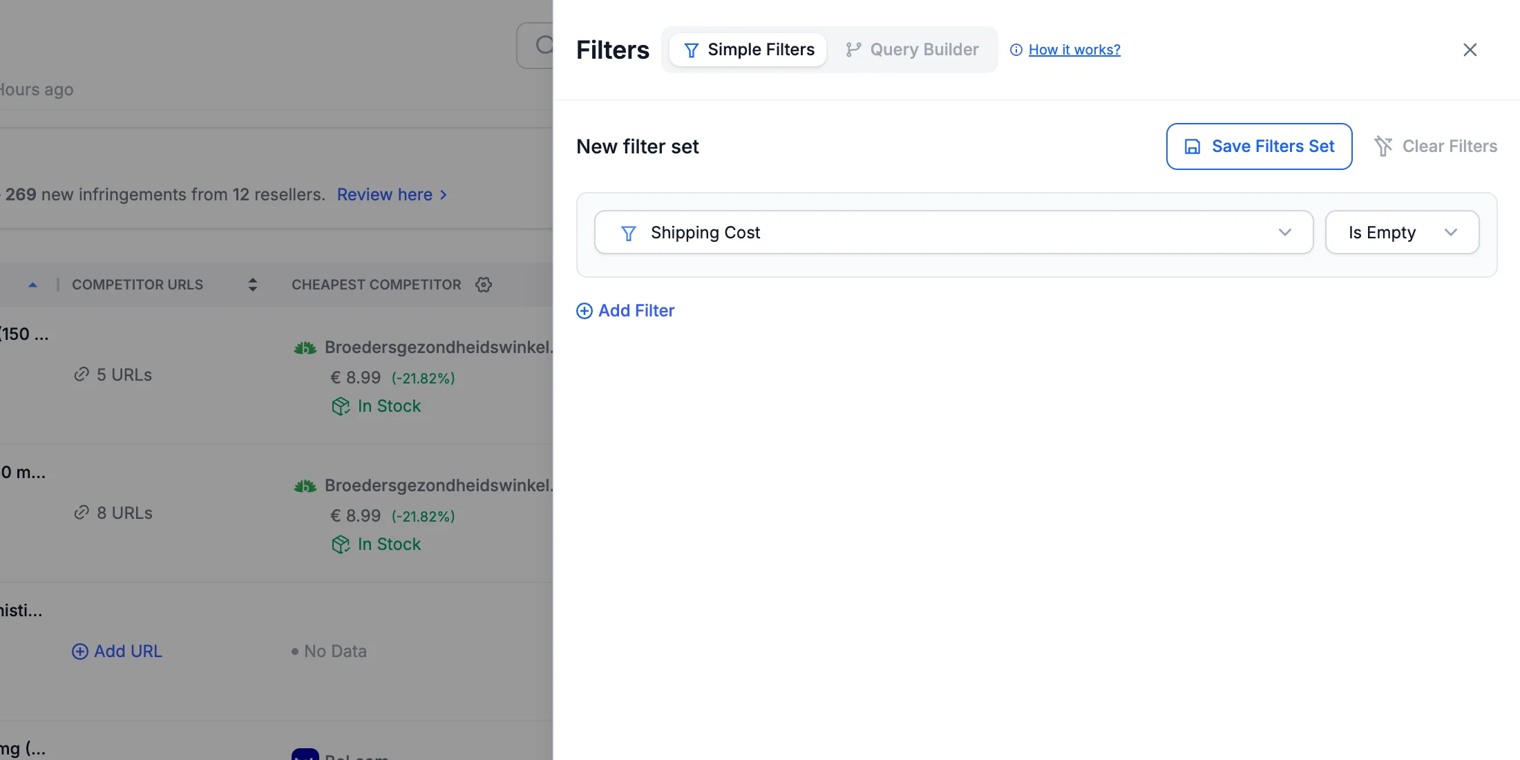 The My Catalog Filters drawer, with a Shipping Cost Is Empty filter.