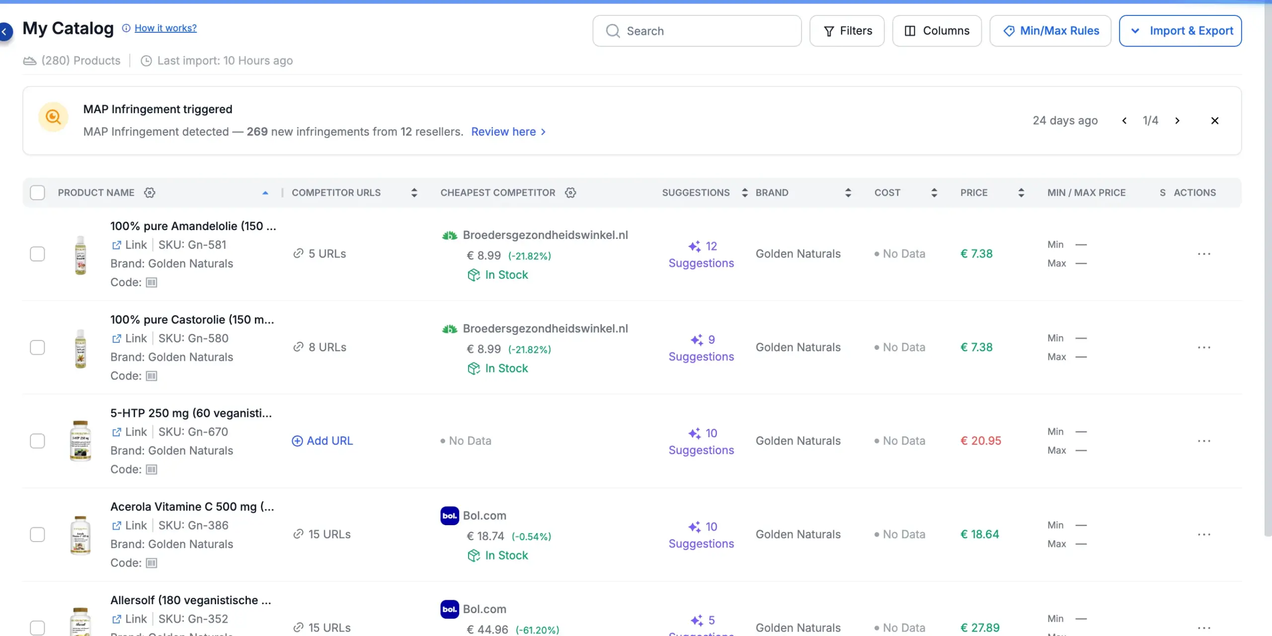 The My Catalog page — a table of products with competitor prices, suggestions, brand, cost and price, plus Search, Filters, Columns, Min/Max Rules and Import & Export.