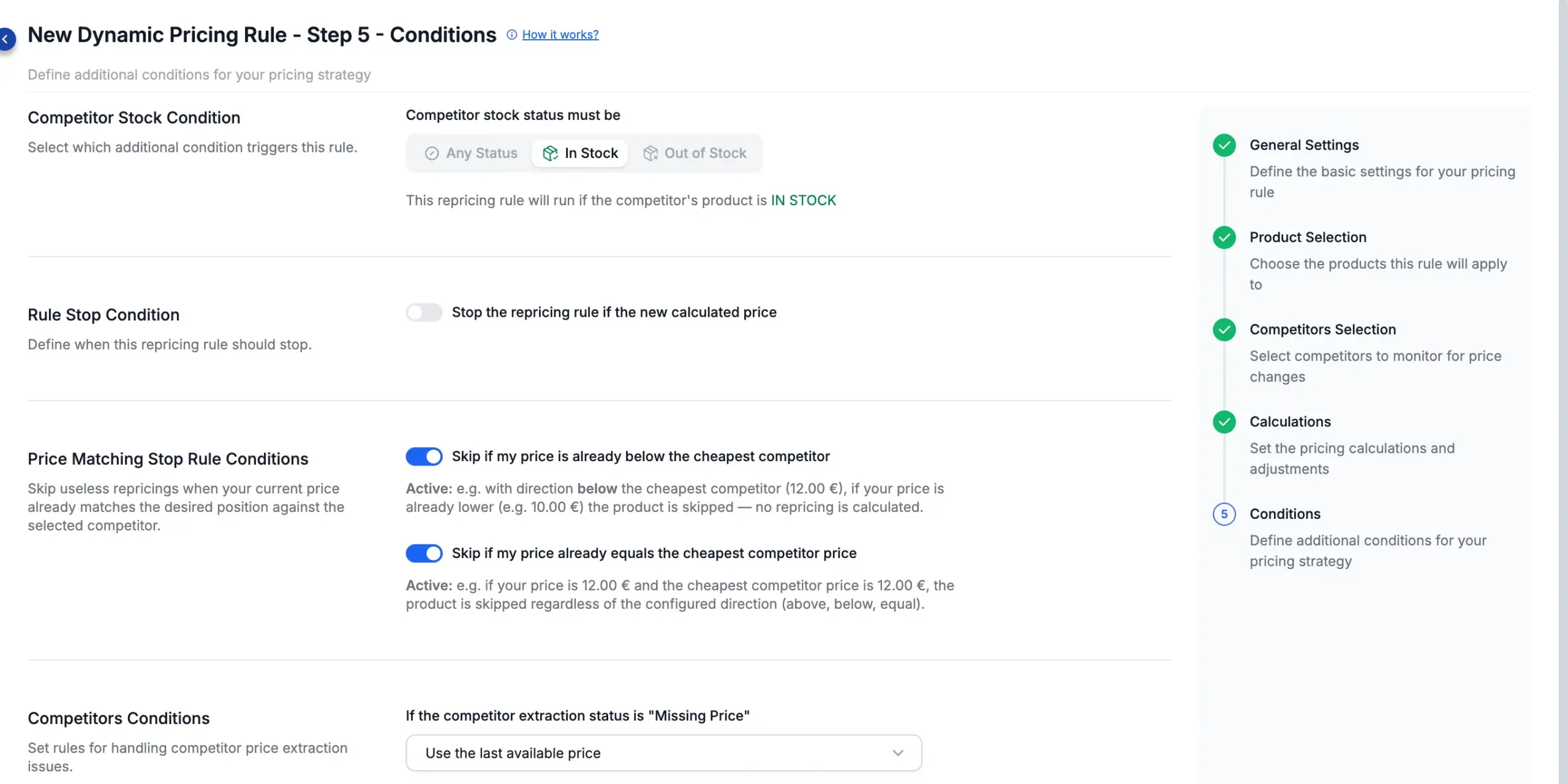 Conditions — Competitor stock condition set to In Stock.