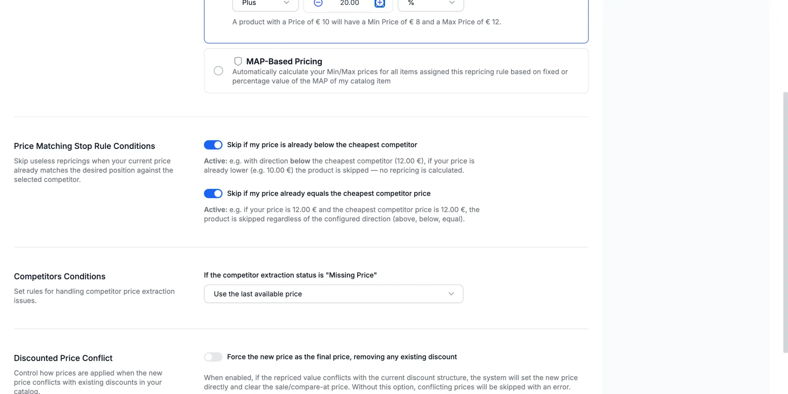 Price-matching skip switches, both active, with their explanations.