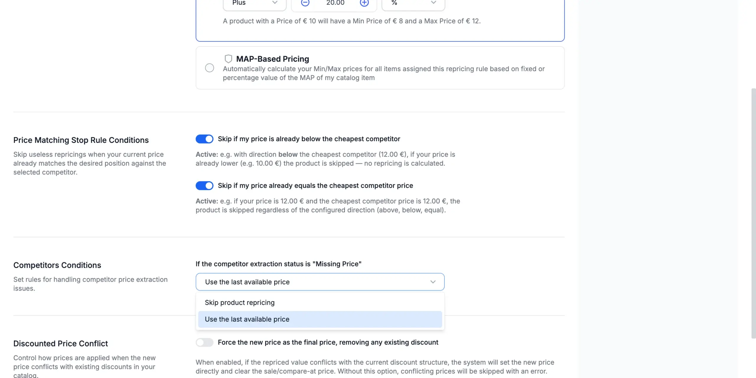 Missing competitor price: Skip product repricing or Use the last available price.