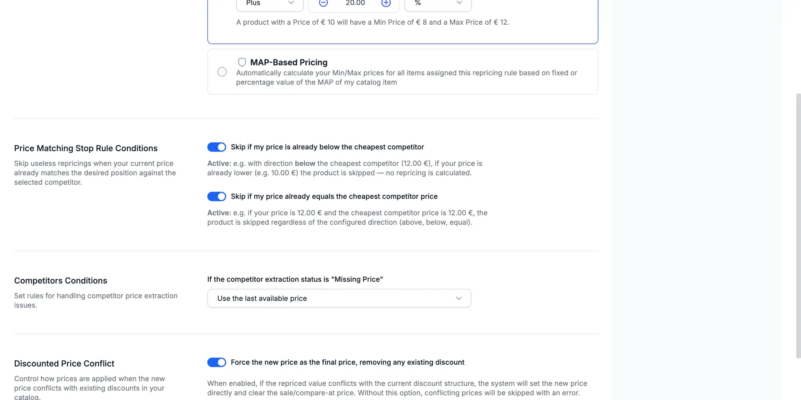 The Discounted Price Conflict switch turned on, with its behaviour note.