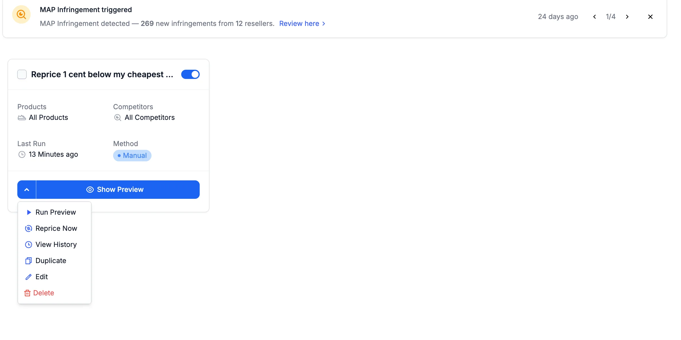 A rule card's actions menu expanded: Run Preview, Reprice Now, View History, Duplicate, Edit and Delete.