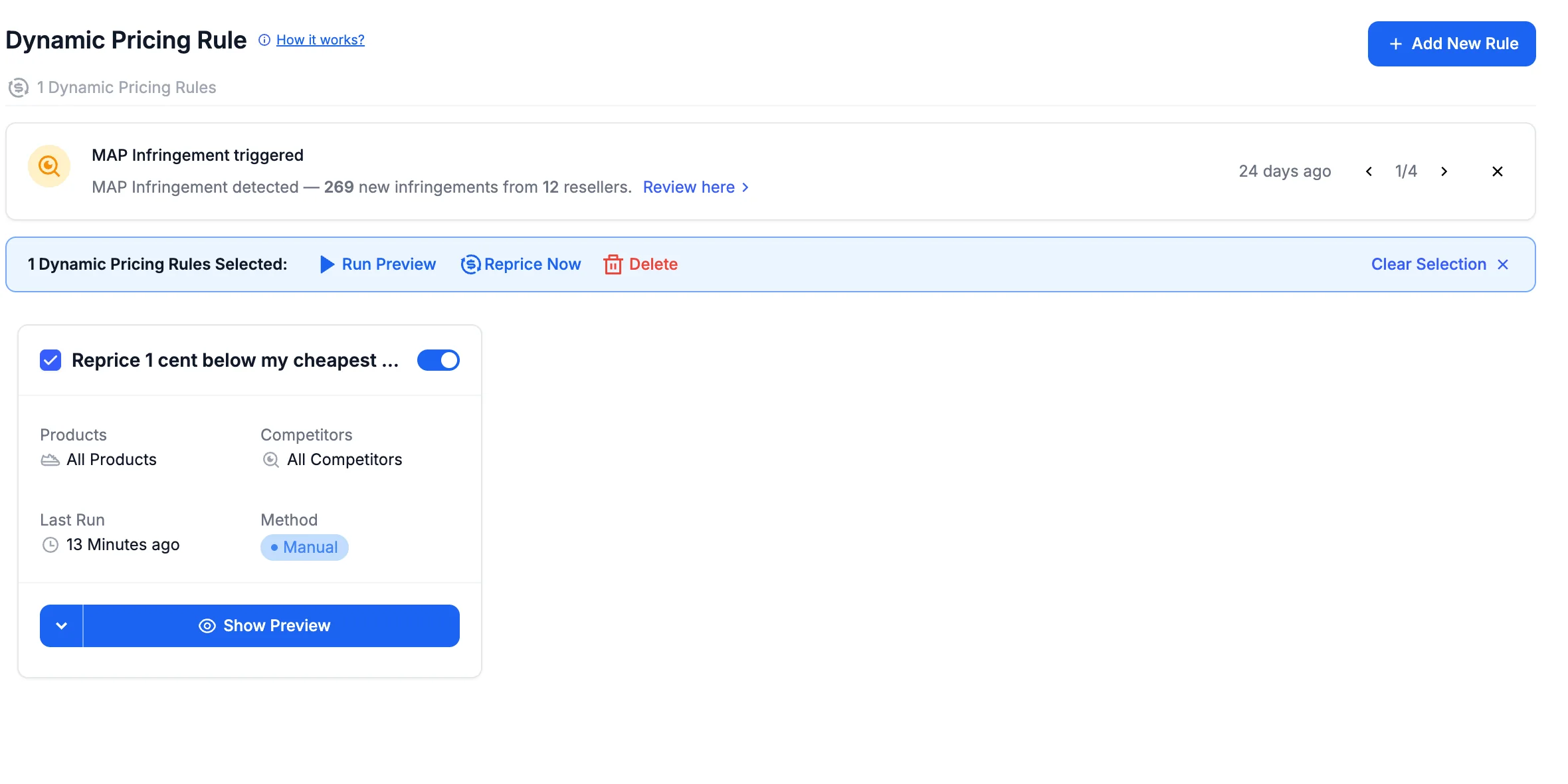 Selecting rules shows a bulk actions bar with Run Preview, Reprice Now and Delete.