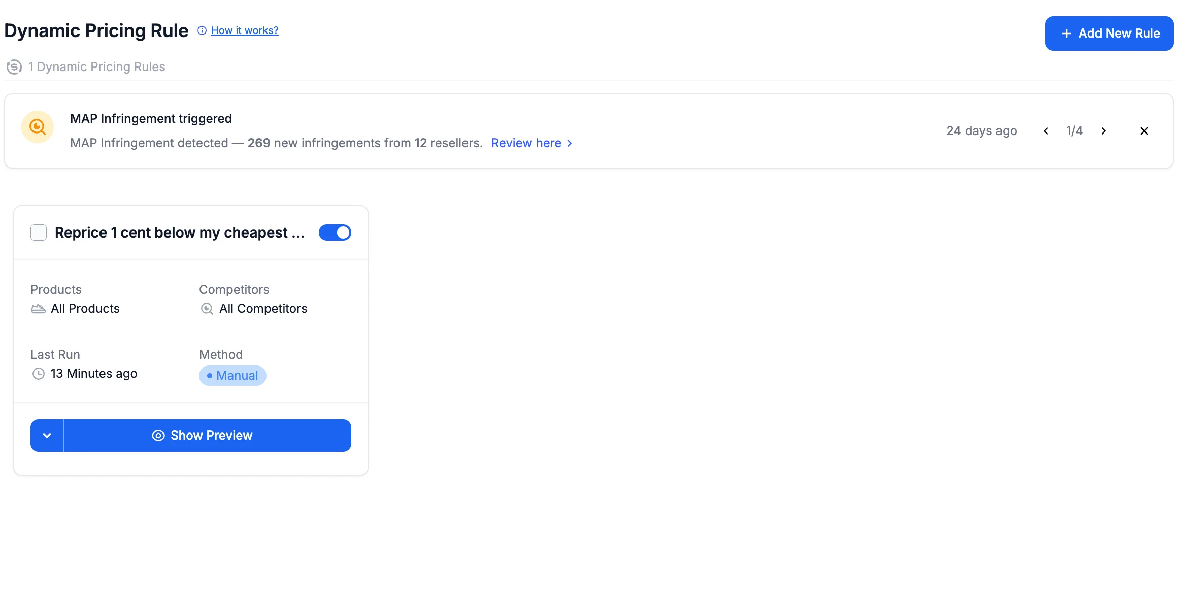 The Repricing Rules list — a rule card with its toggle, Products, Competitors, Last Run, Method and the Show Preview button.