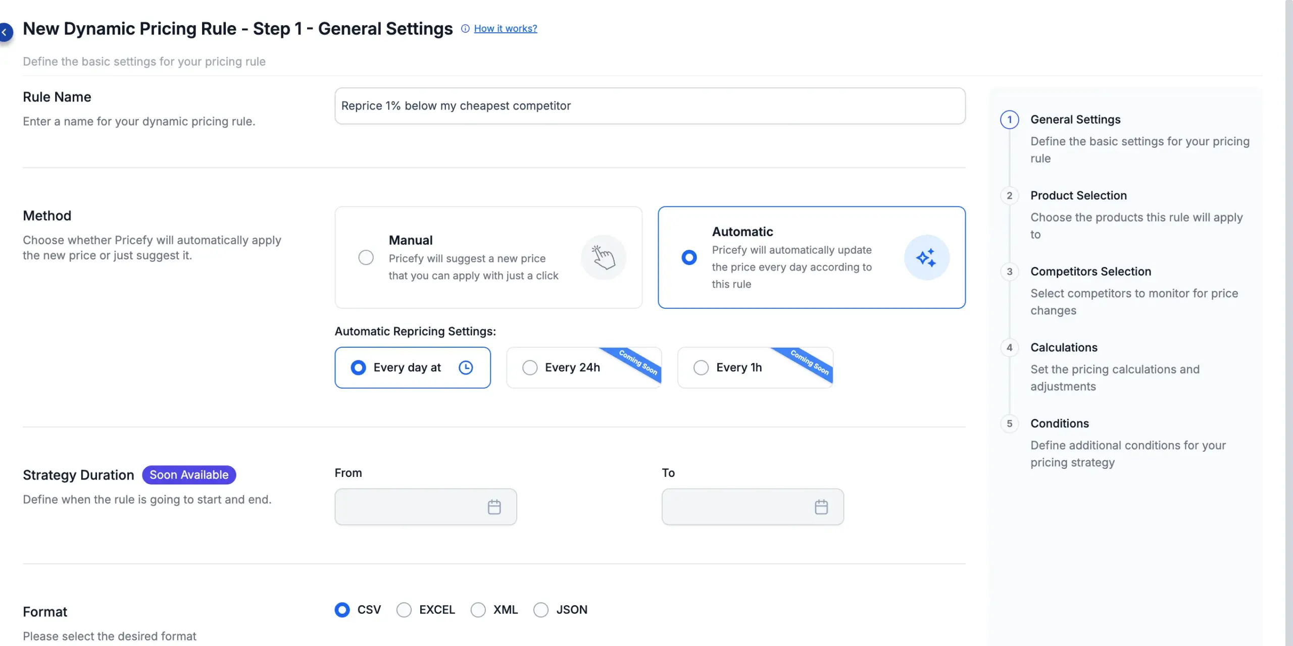 Step 1 — Method set to Automatic, revealing the daily schedule.