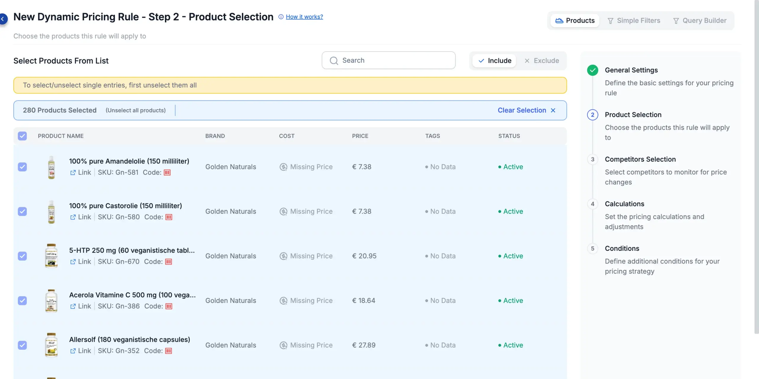 Step 2 — Products mode: pick from the catalog list, with the Include / Exclude switch.