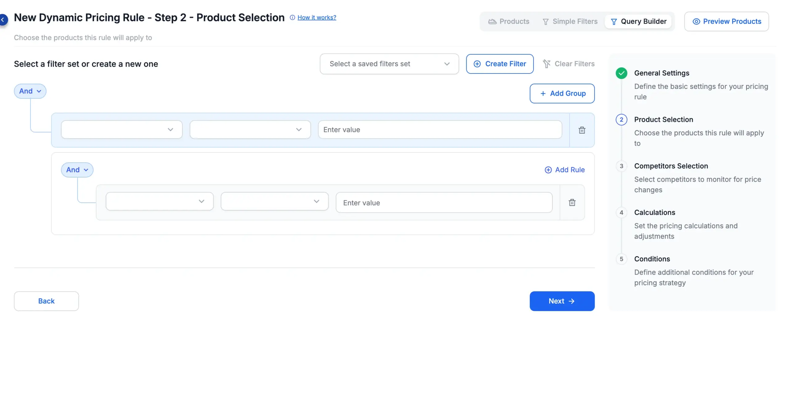 Step 2 — Query Builder mode: conditions and groups with And / Or logic.