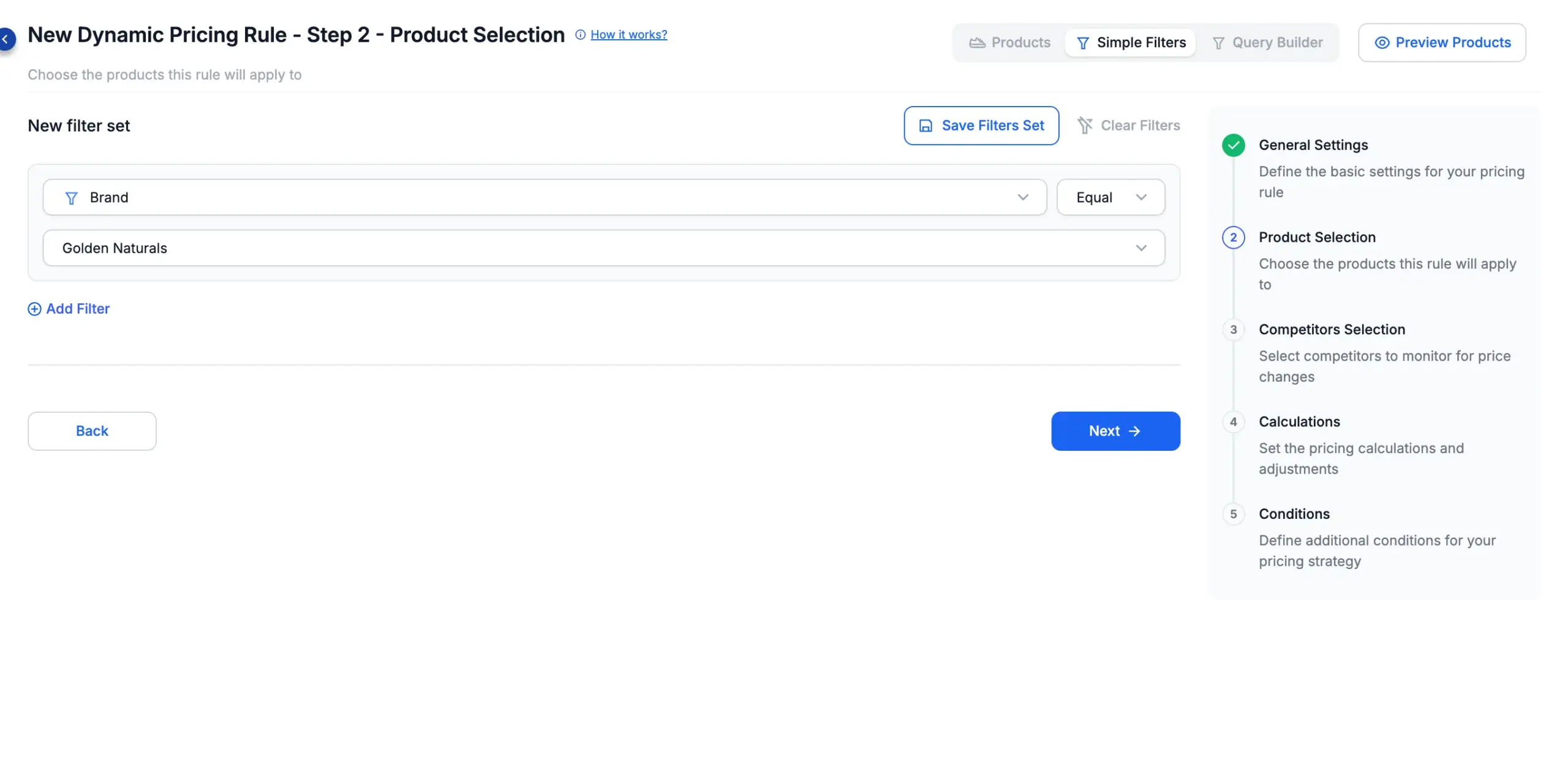 Step 2 — Simple Filters mode: a filter on Brand equal to Golden Naturals.