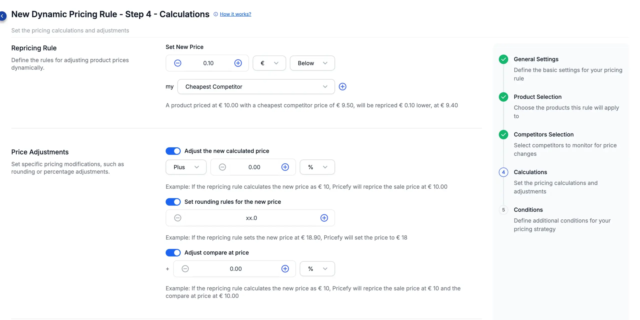 Step 4 — Price Adjustments: adjust price, rounding and compare-at, all switched on.