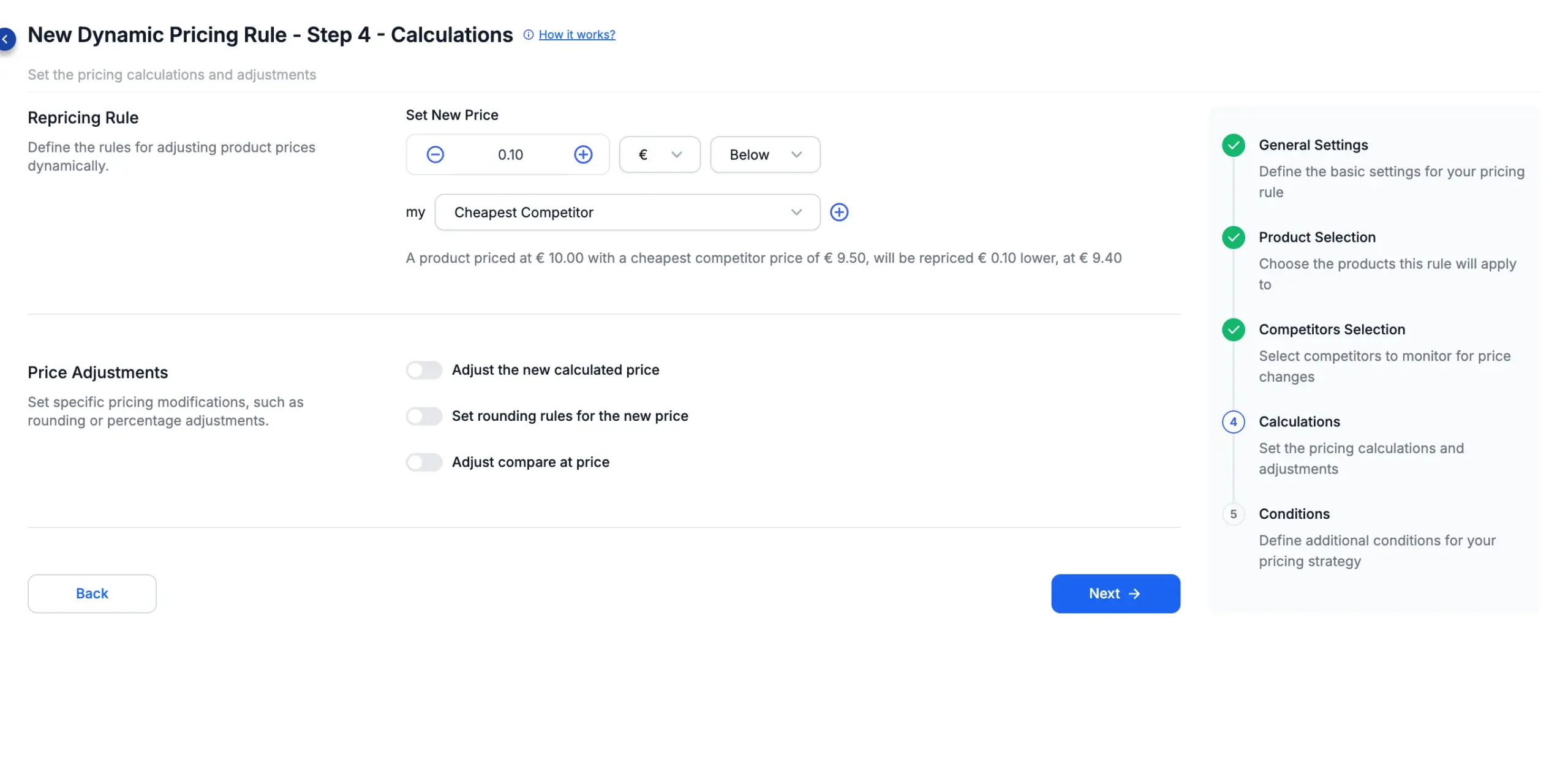 Step 4 — Set New Price: amount, direction and reference competitor, with a worked example.
