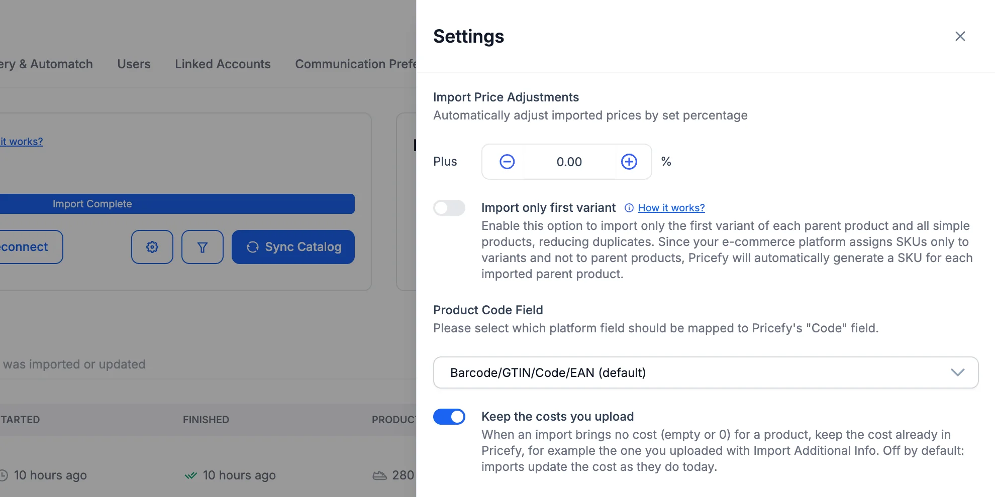 The Product Feed Settings drawer with Keep the costs you upload switched on.