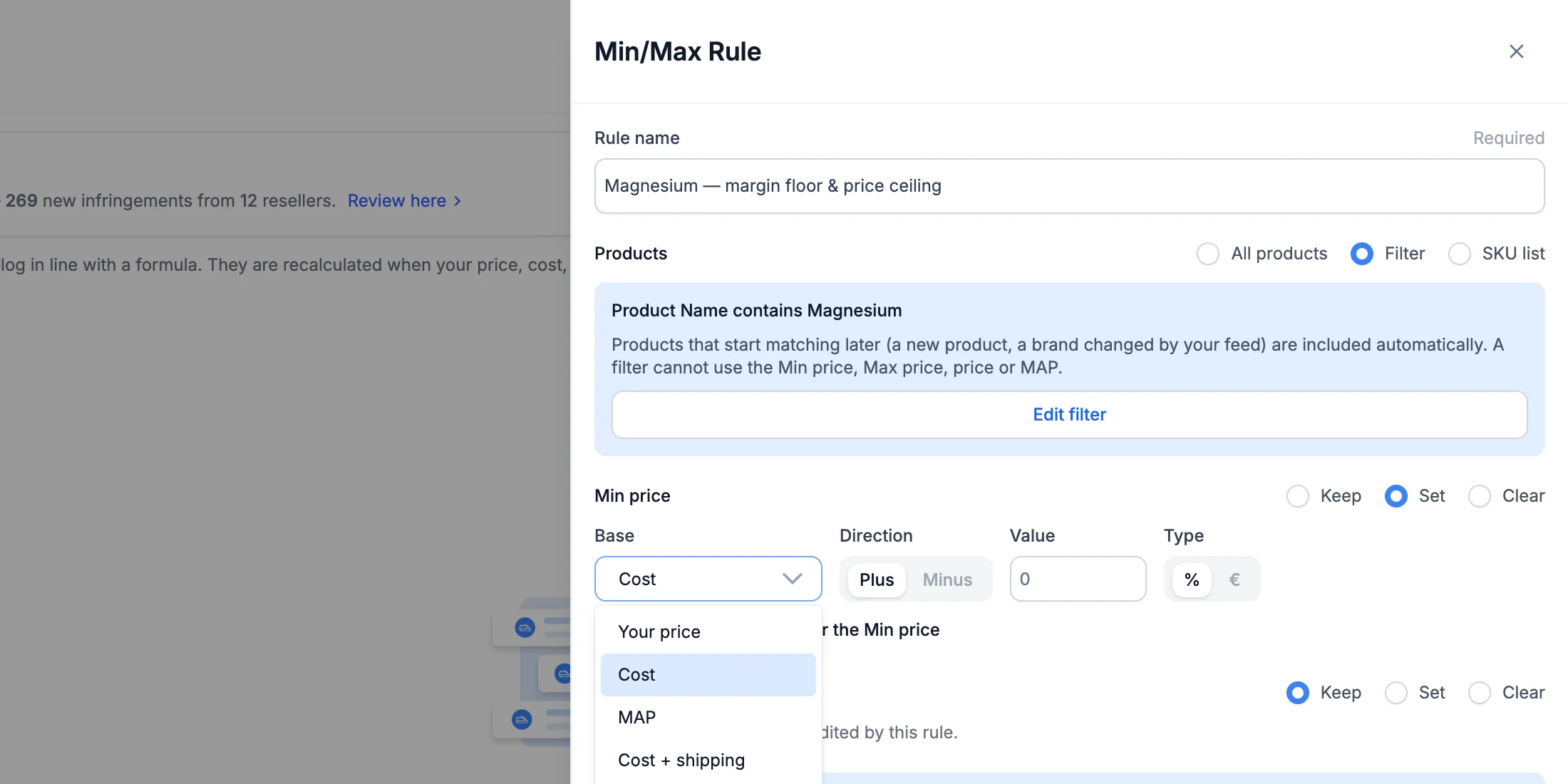 The Base dropdown of a Min/Max rule, with Cost + shipping among the options.