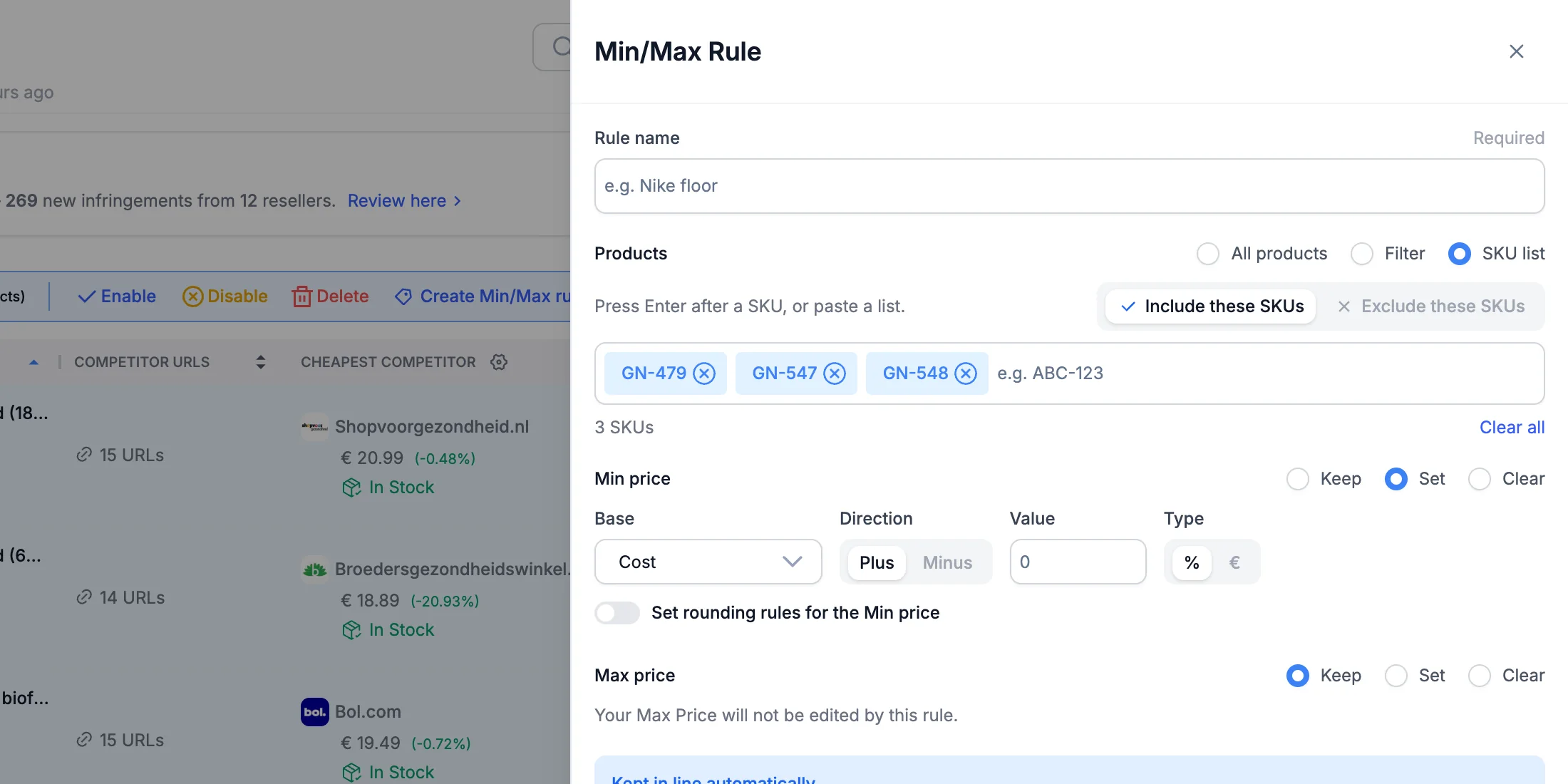 The Min/Max Rule drawer opened from a selection of three products: their SKUs are already in the list.