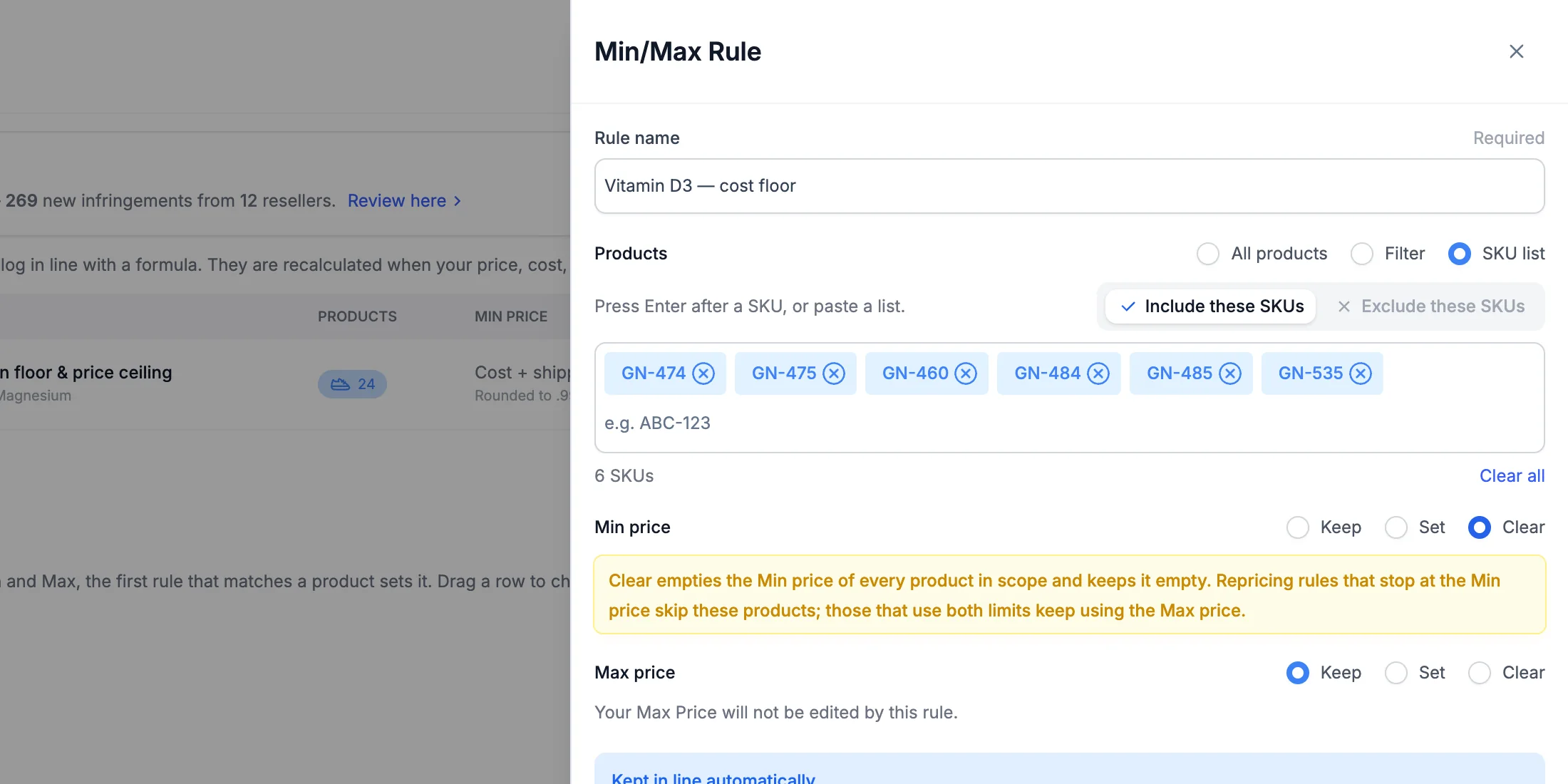 The Clear option for the Min price, with its explanation.