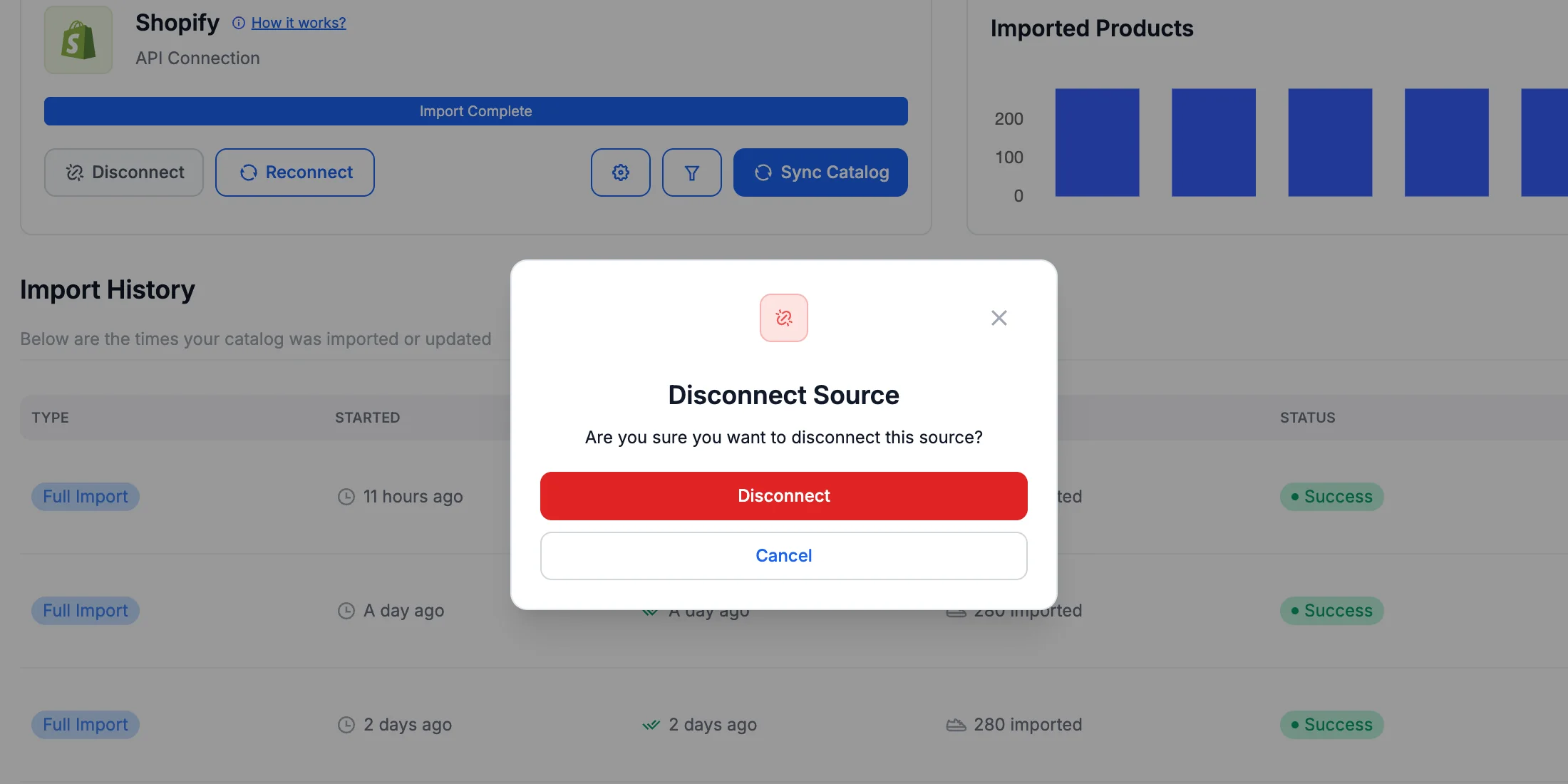 The Disconnect Source confirmation dialog on the Product Feed tab.