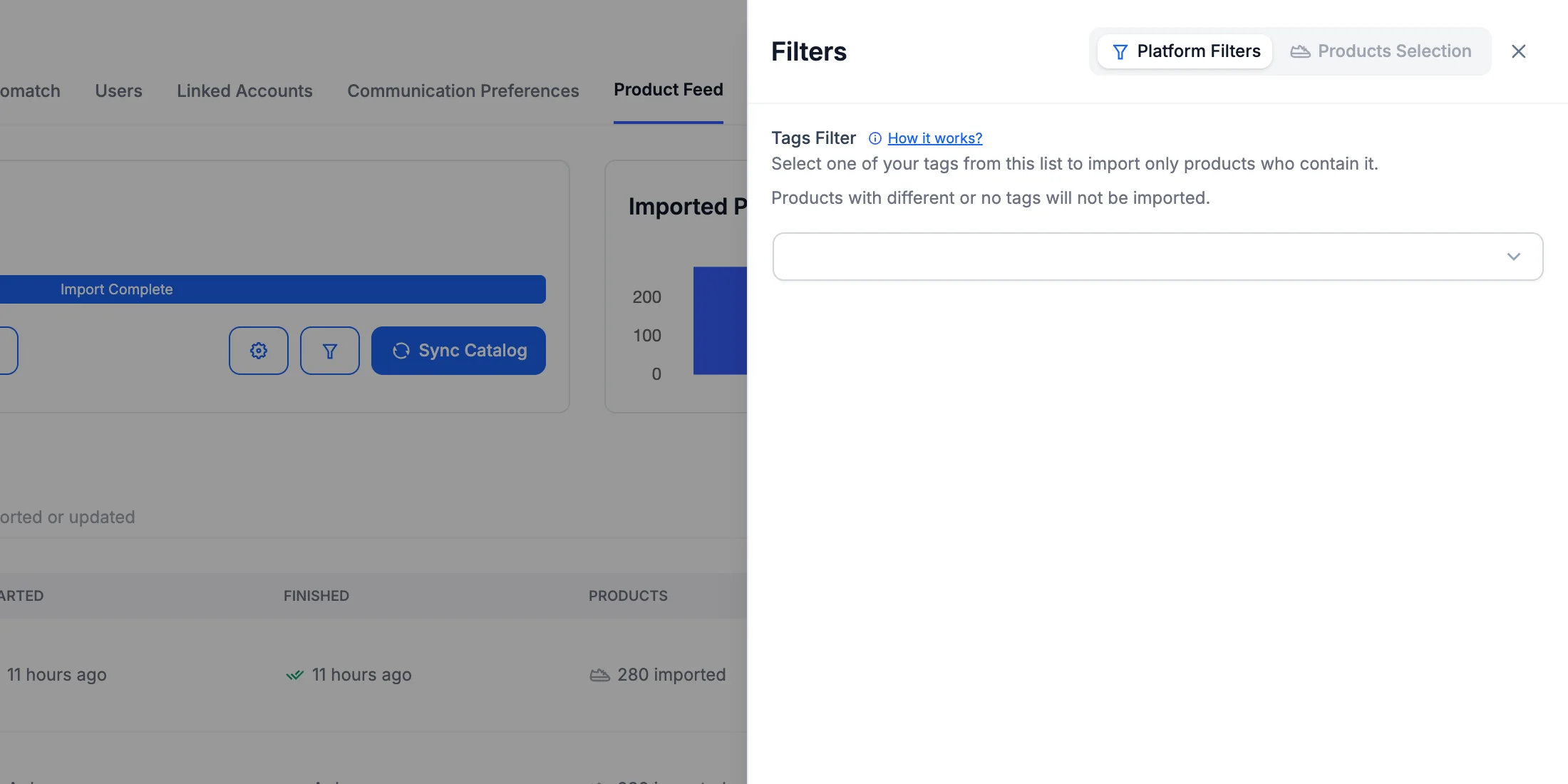 The Filters drawer on a Shopify connection, with the Platform Filters / Products Selection switch and the Tags Filter.
