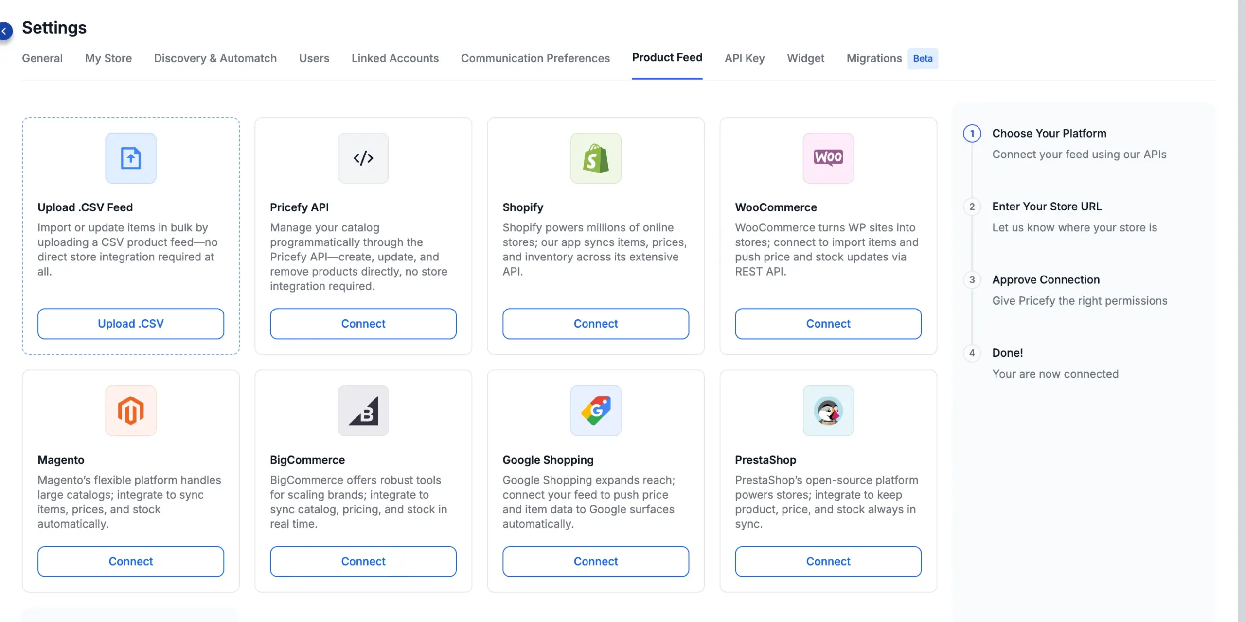 Choosing an import platform in Pricefy: Upload .CSV Feed, Pricefy API, Shopify, WooCommerce, Magento, BigCommerce, Google Shopping or PrestaShop.